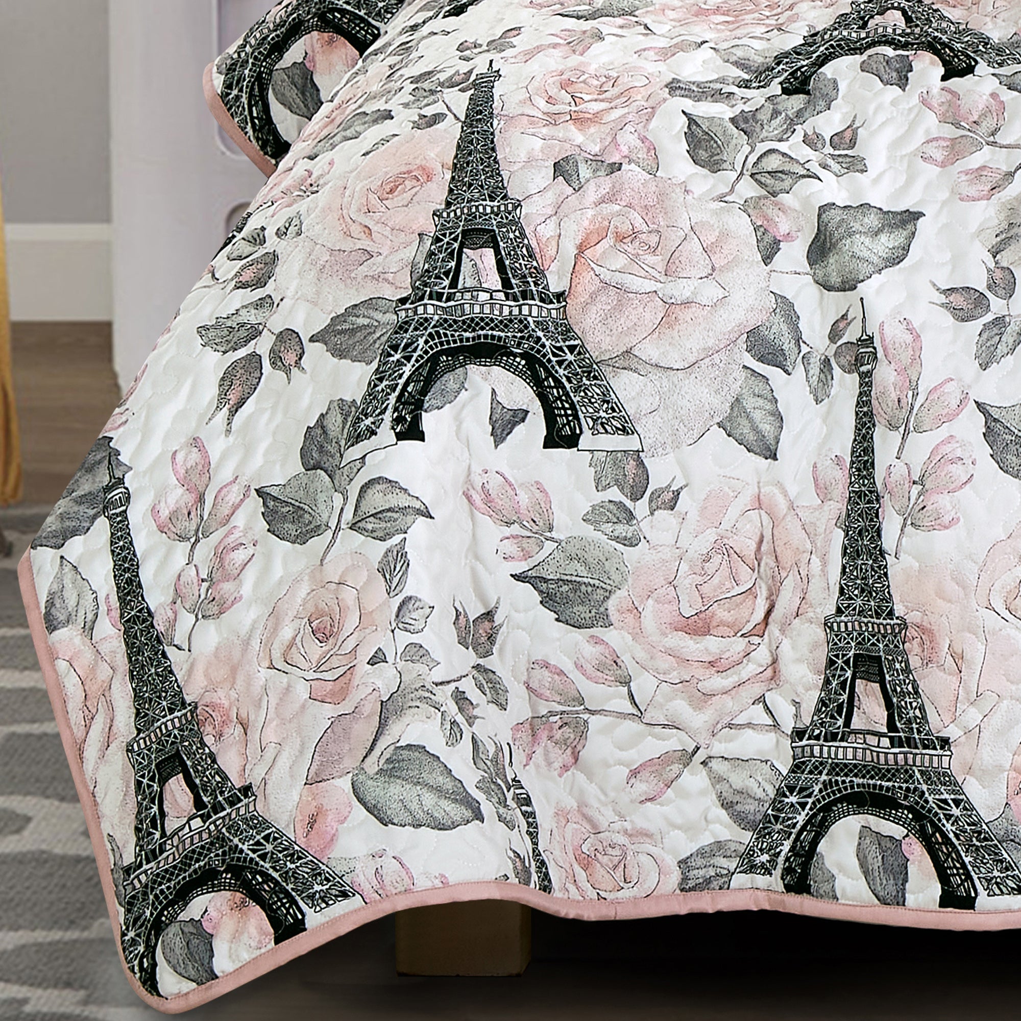 2/3 PCS Kids Bedspread Set Eiffel Tower & Floral Paris Design, Reversible Quilt with Pink Back