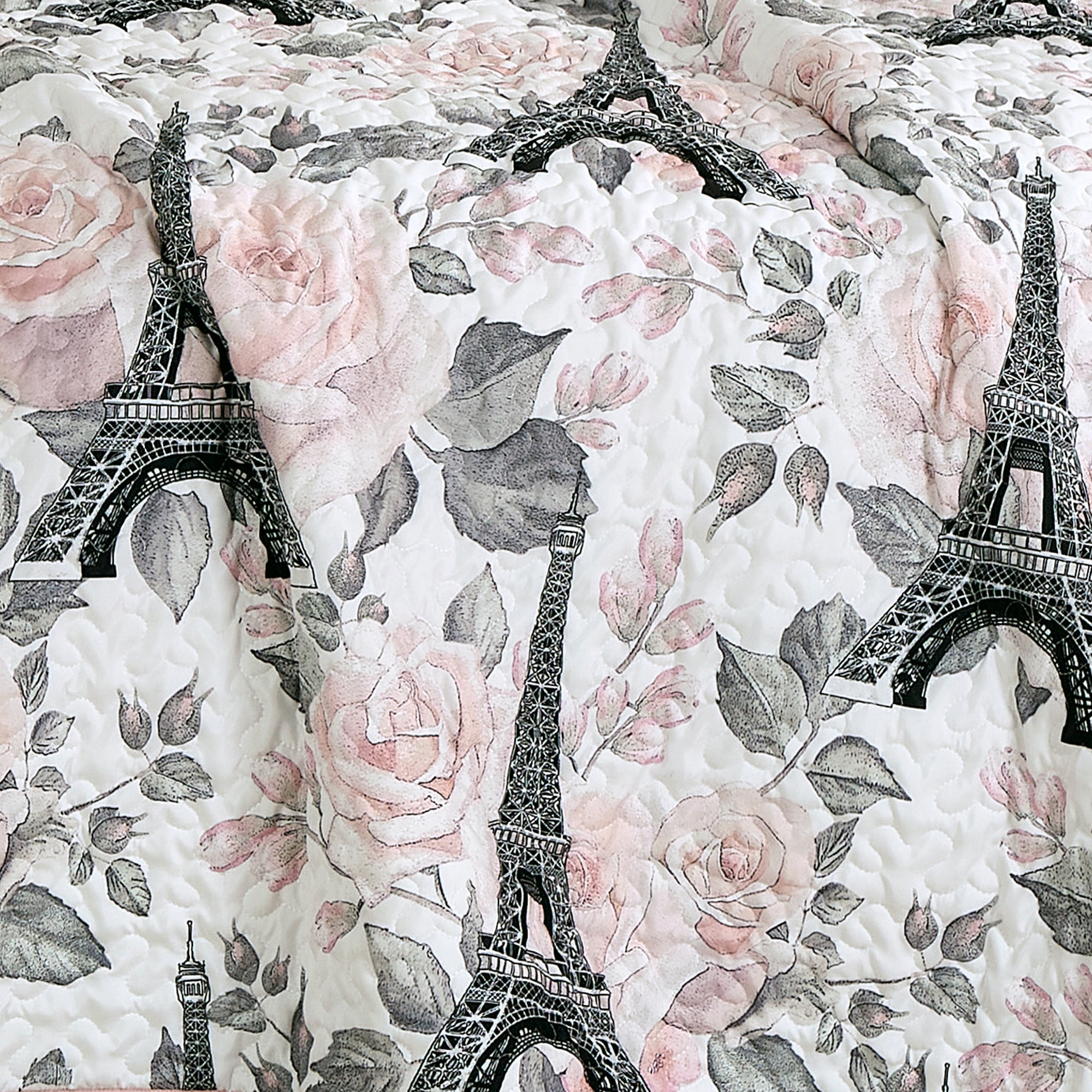 2/3 PCS Kids Bedspread Set Eiffel Tower & Floral Paris Design, Reversible Quilt with Pink Back