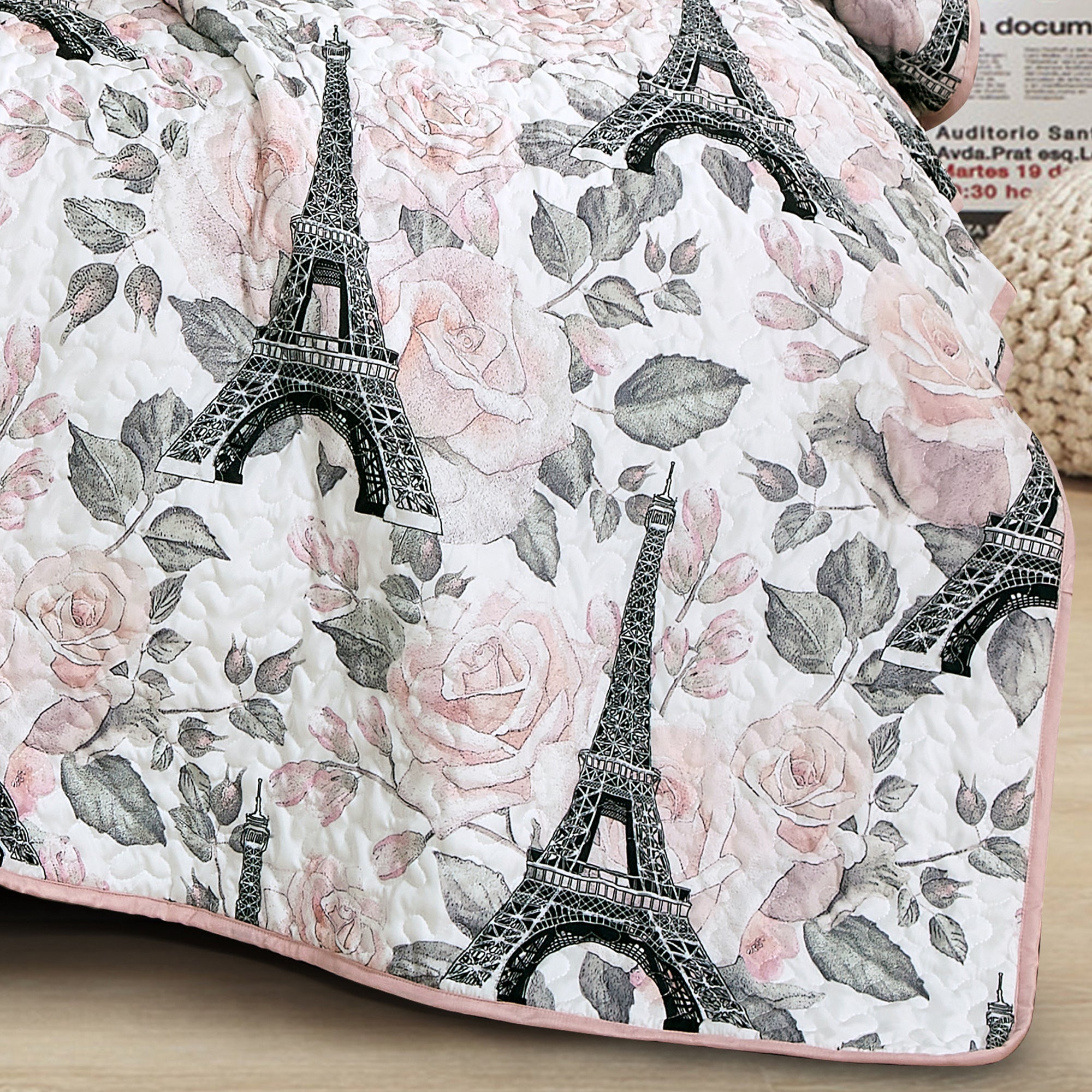 2/3 PCS Kids Bedspread Set Eiffel Tower & Floral Paris Design, Reversible Quilt with Pink Back