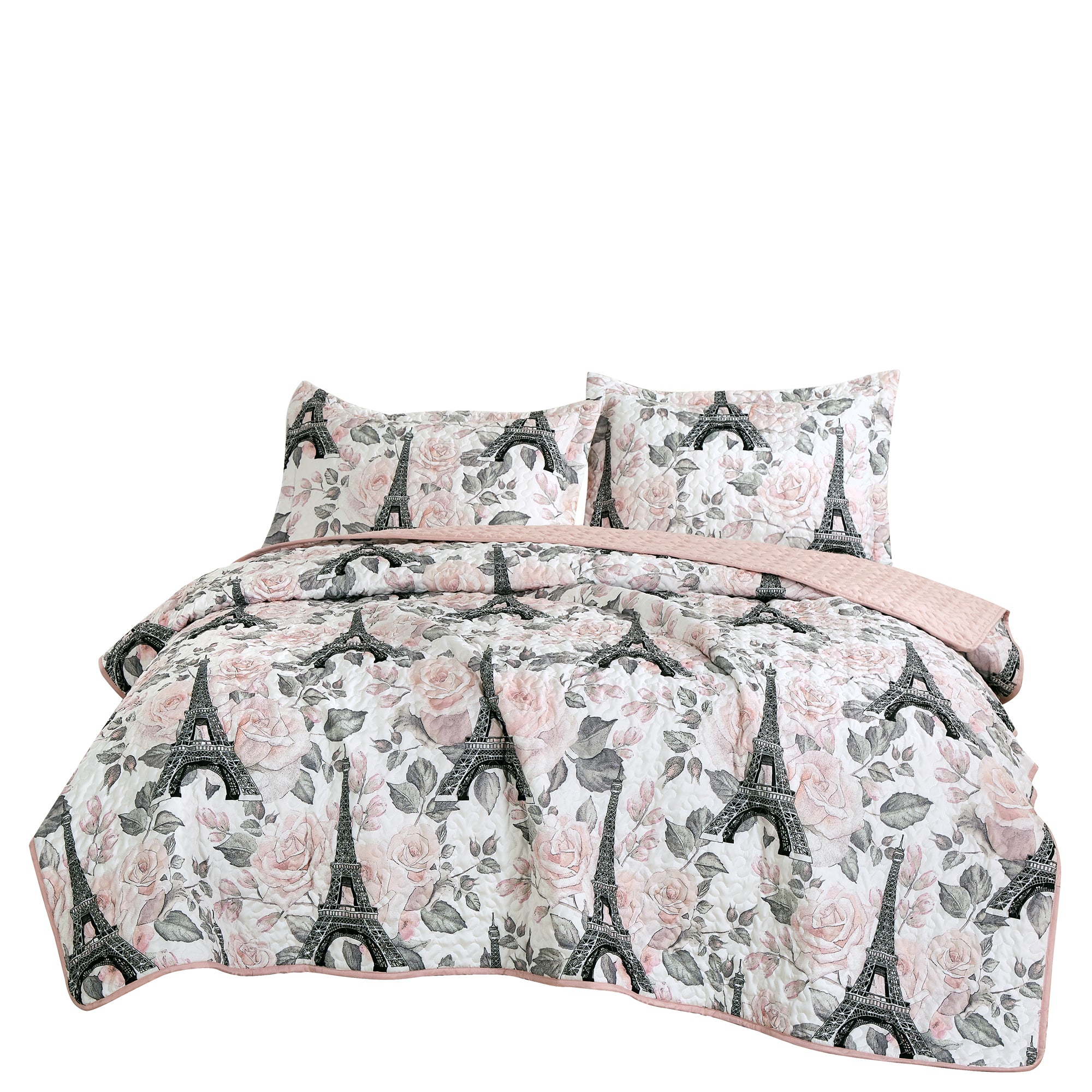 2/3 PCS Kids Bedspread Set Eiffel Tower & Floral Paris Design, Reversible Quilt with Pink Back