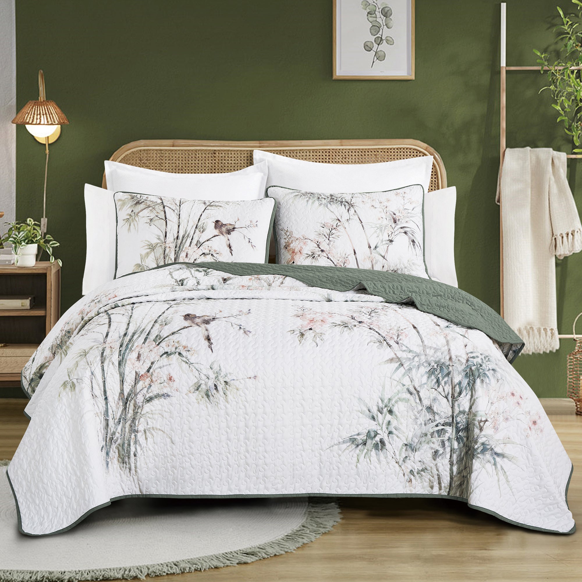 3 Piece Lightweight Quilt Bedspread Set Reversible Floral Botanical