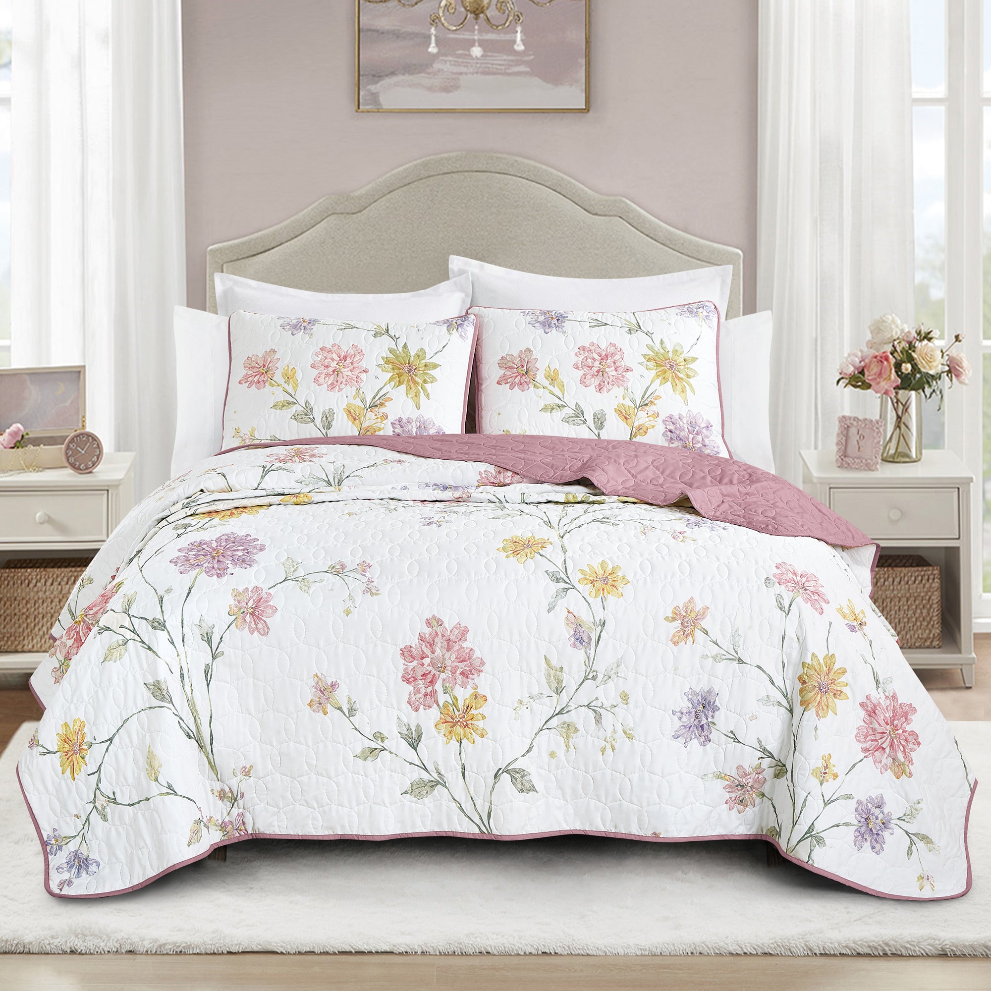 3 Piece Lightweight Quilt Bedspread Set Reversible Floral Botanical