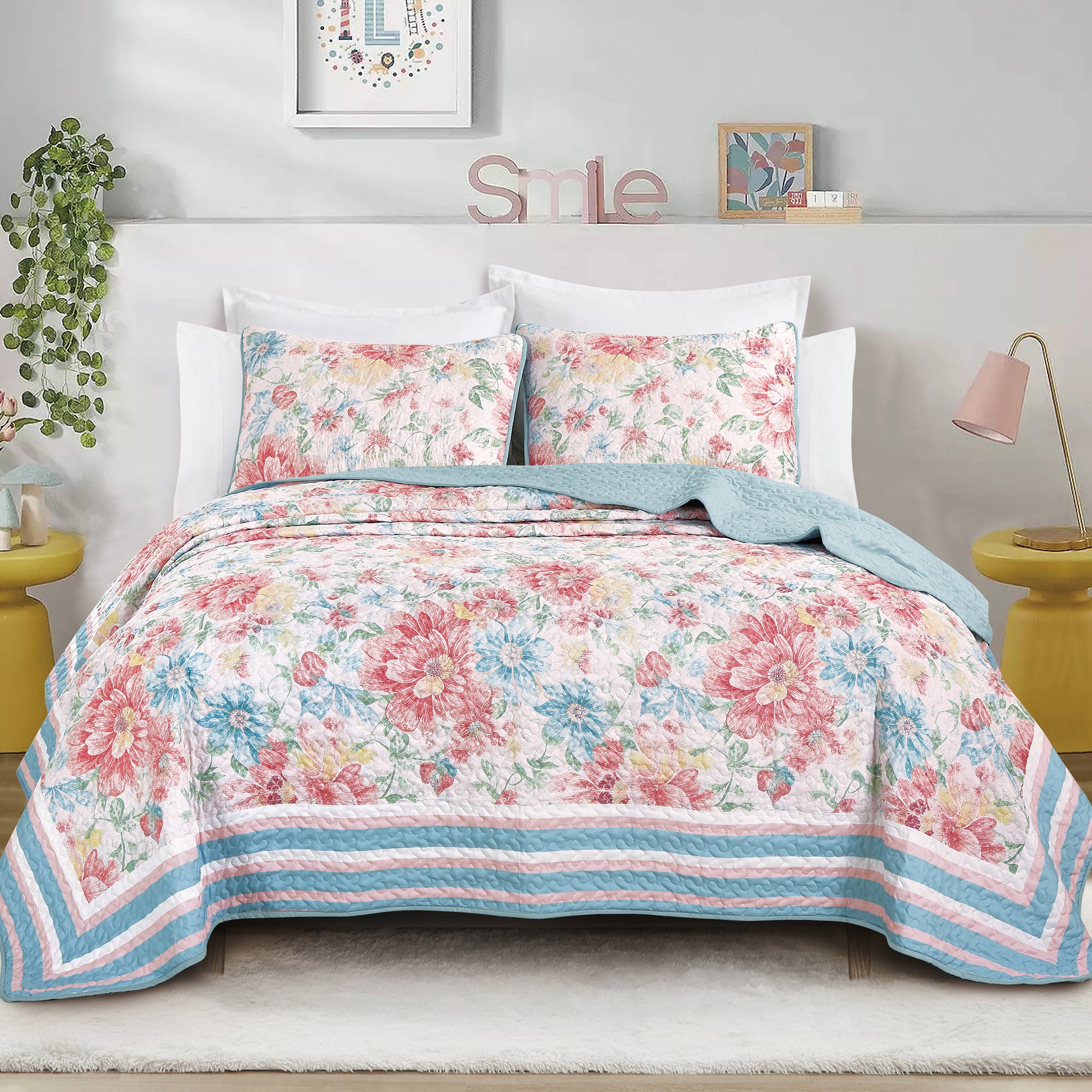 3 Piece Lightweight Quilt Bedspread Set Reversible Floral Botanical