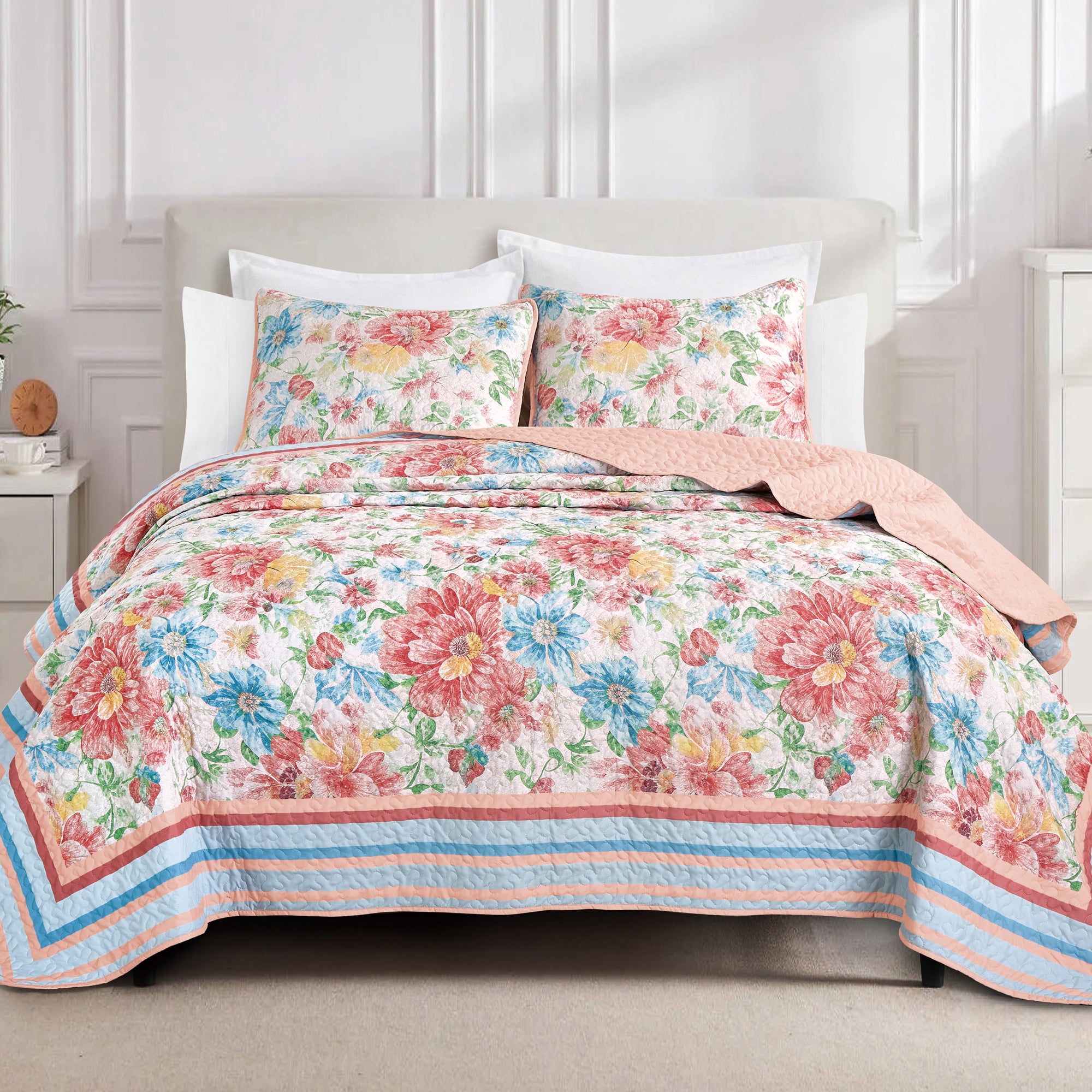 3 Piece Lightweight Quilt Bedspread Set Reversible Floral Botanical
