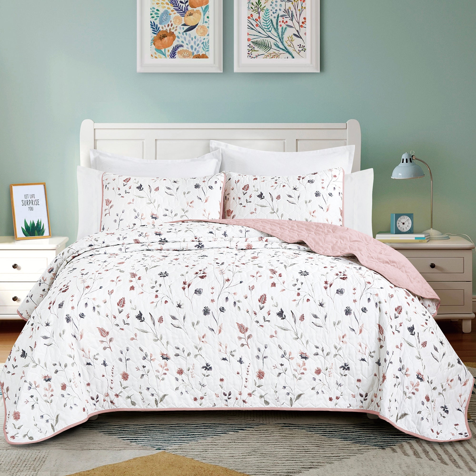 3 Piece Lightweight Quilt Bedspread Set Reversible Floral Botanical