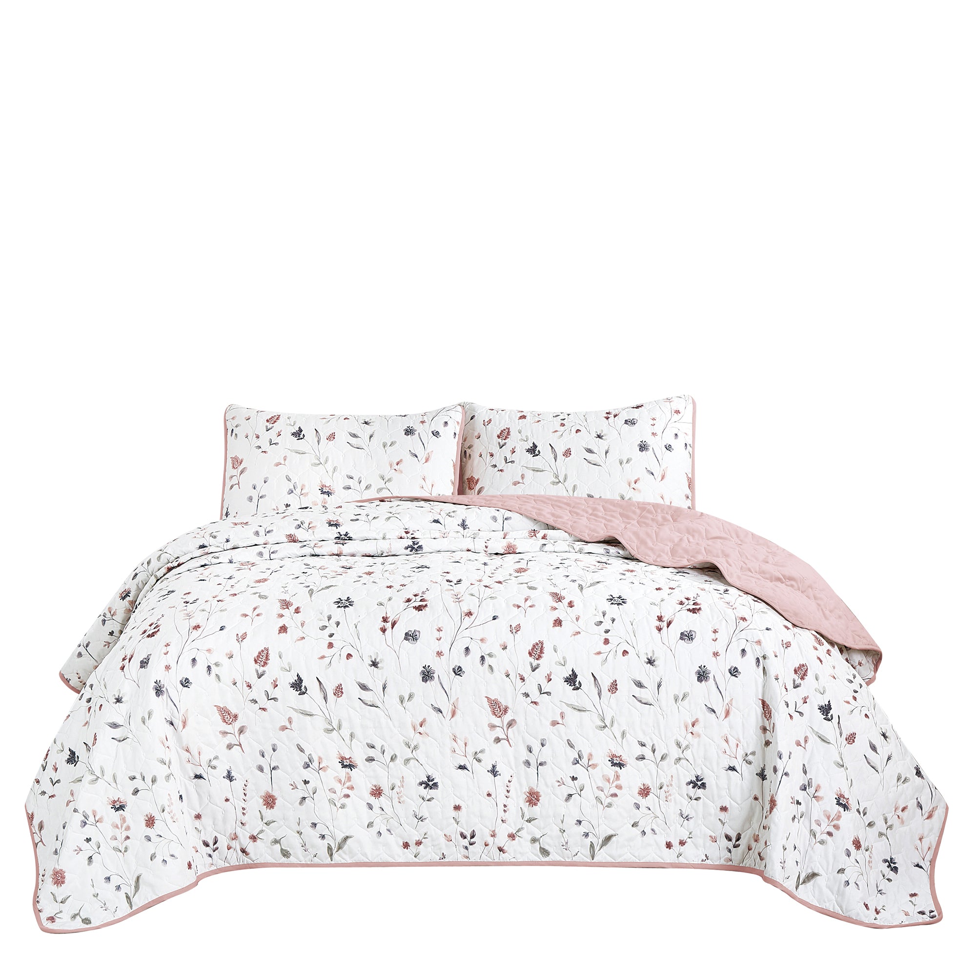 3 Piece Lightweight Quilt Bedspread Set Reversible Floral Botanical