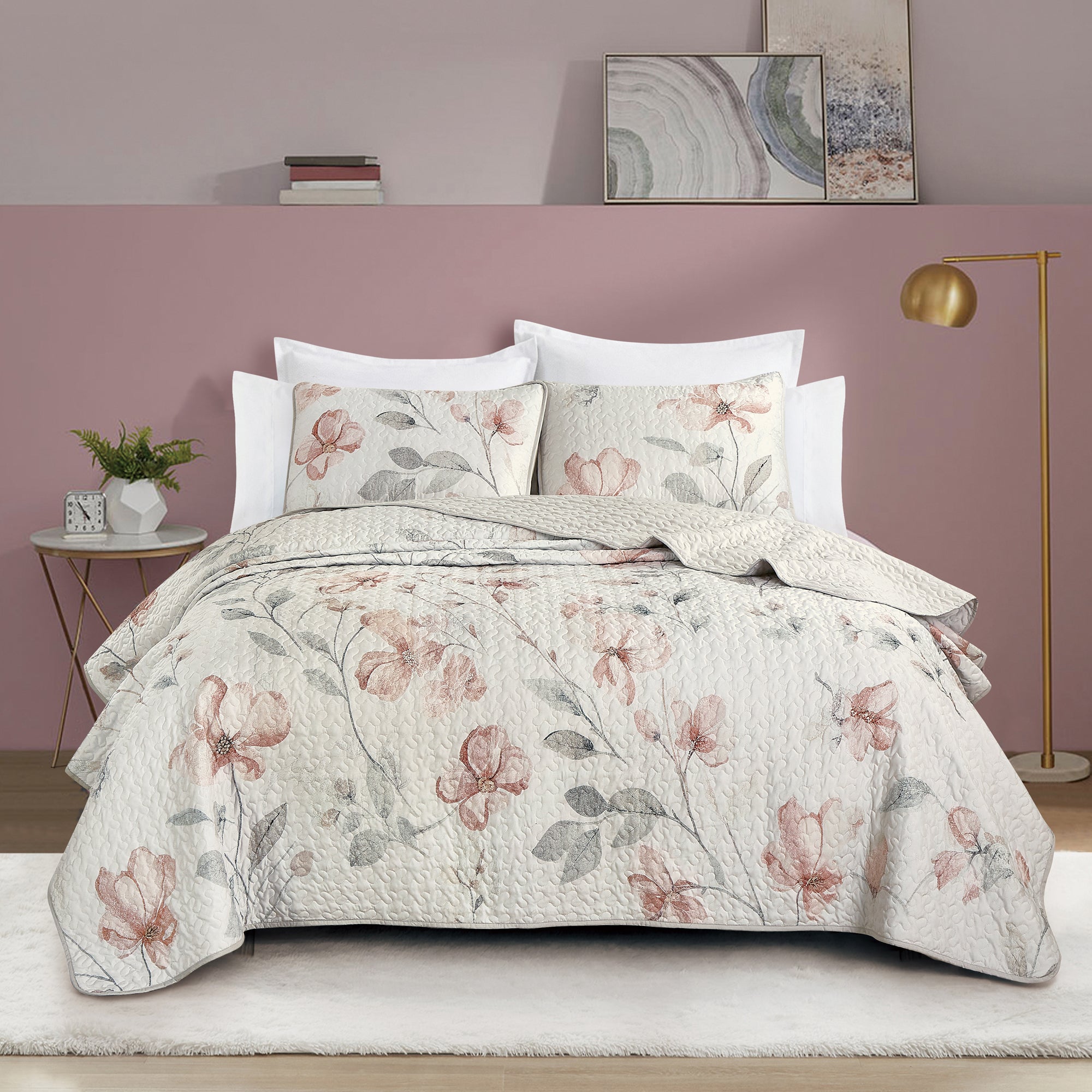 3 Piece Lightweight Quilt Bedspread Set Reversible Floral Botanical