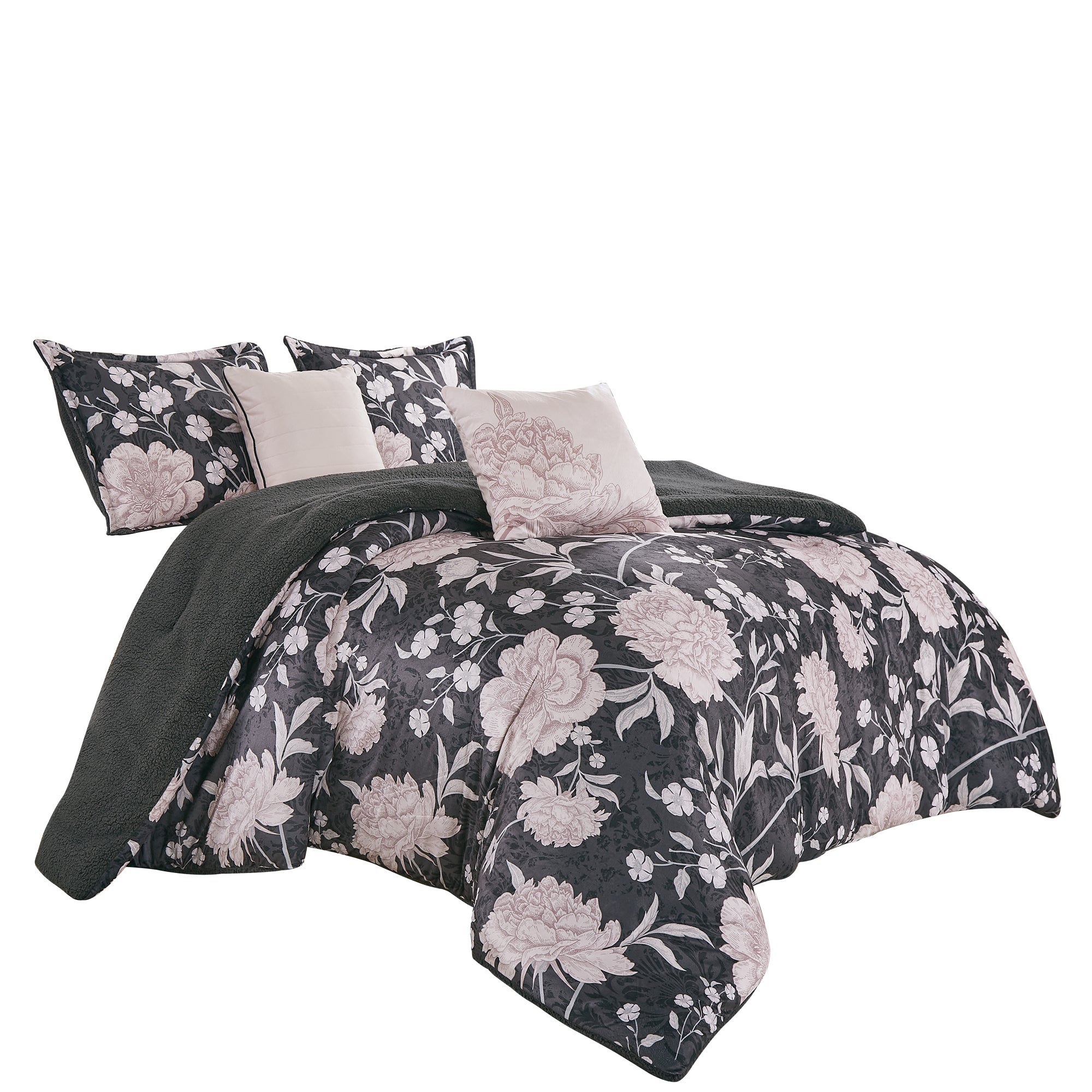 Blush Floral 5-Piece Velvet Comforter Set with Sherpa Backing