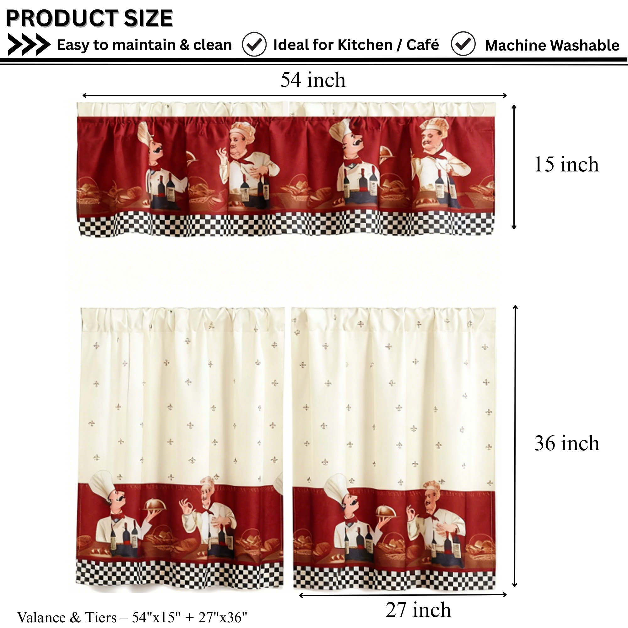 3 Piece Kitchen Café Curtain Set, Swag & Tier Rod Pocket