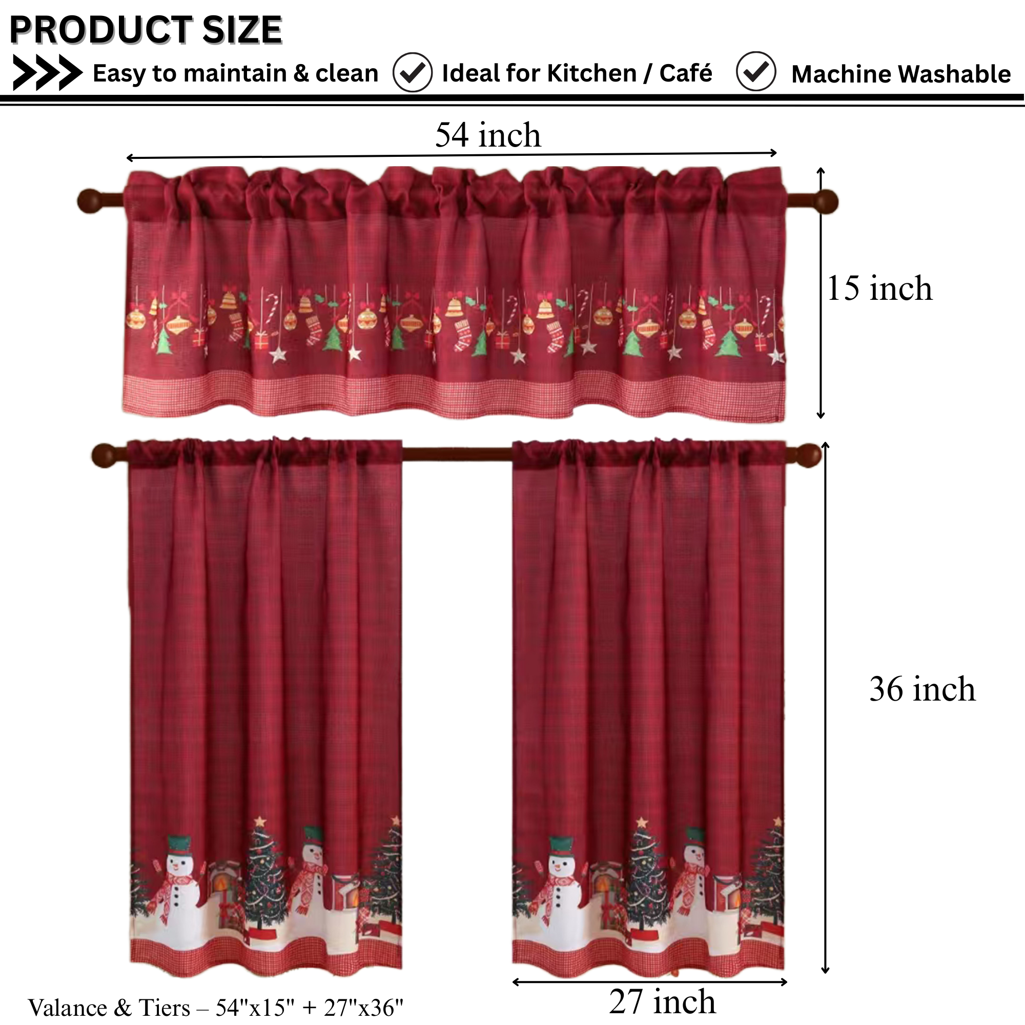 Christmas Kitchen Curtains 3 Piece Set – Holiday Window Valance and Tiers, Snowman & Festive Design, 100% Polyester