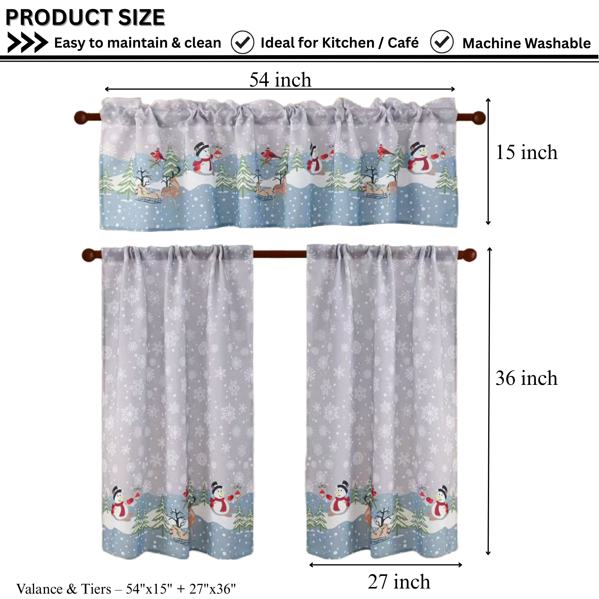 Christmas Kitchen Curtains 3 Piece Set – Holiday Window Valance and Tiers, Snowman & Festive Design, 100% Polyester