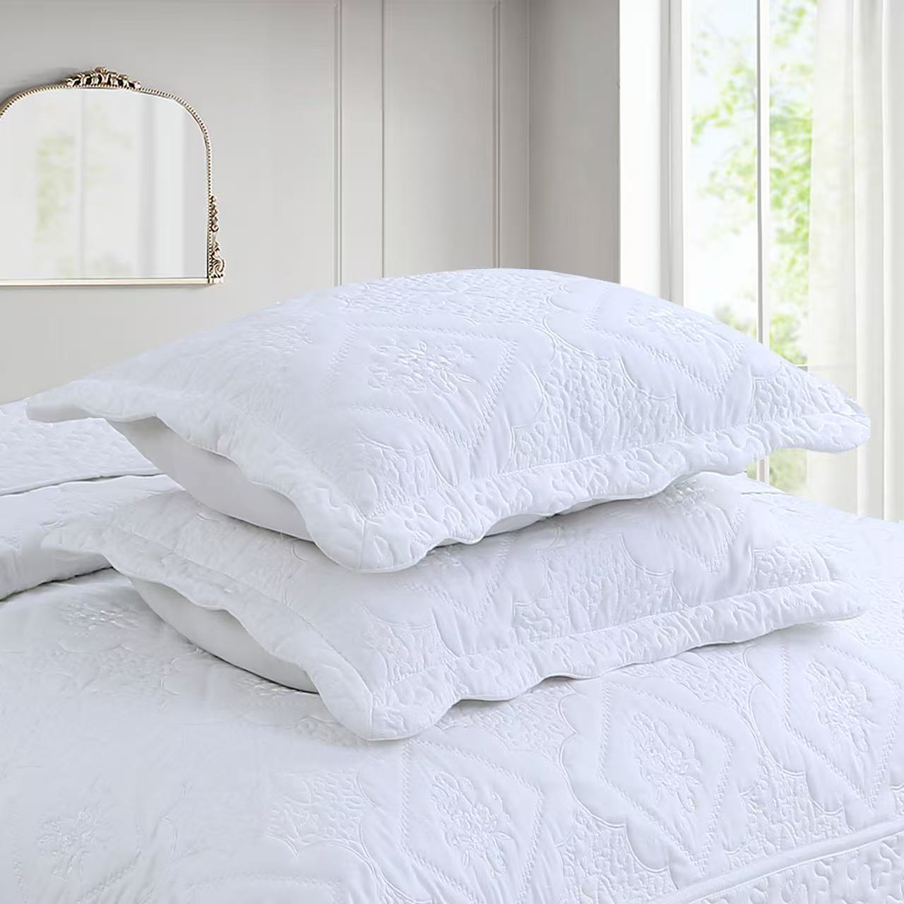3 Piece Floral Embroidered Quilted Bedspread Set