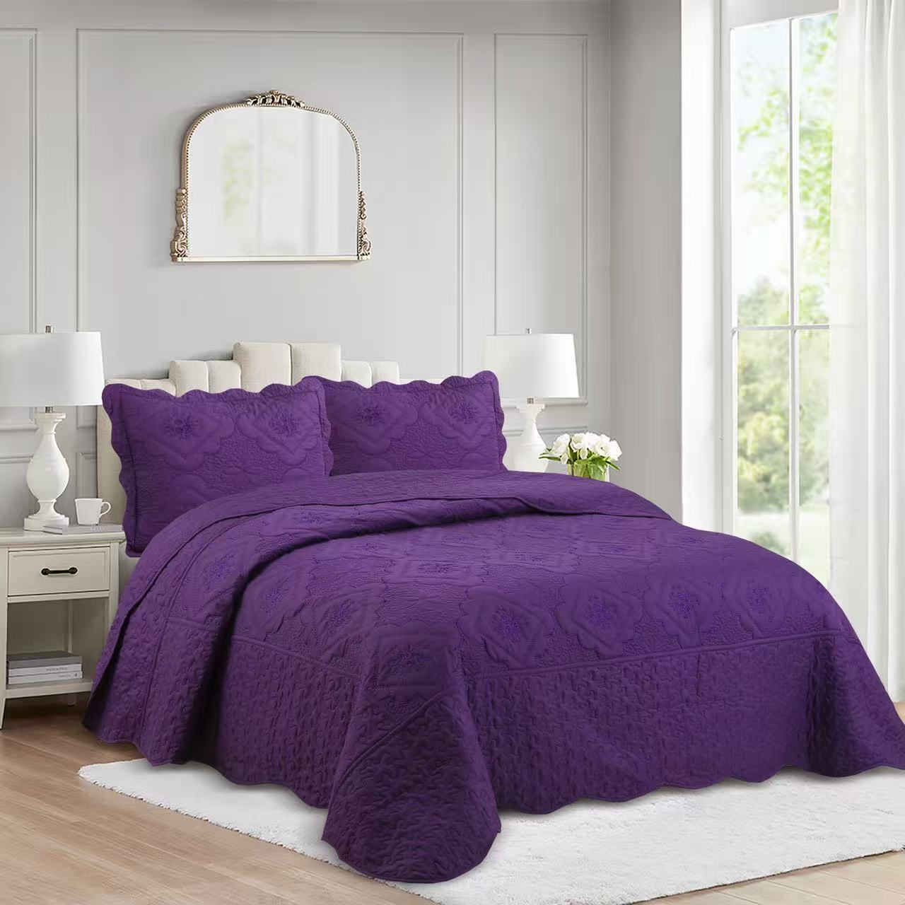3 Piece Floral Embroidered Quilted Bedspread Set