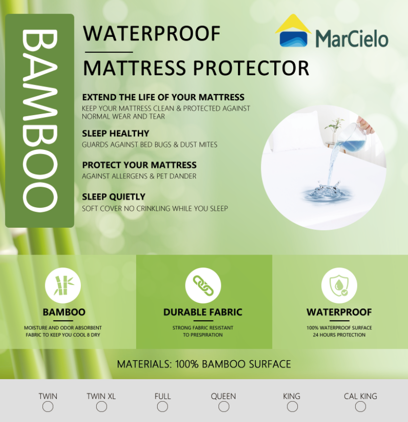 MarCielo 100% Bamboo Viscose Surface Waterproof Knit Mattress Protector Stretch up to 21" Deep Pocket