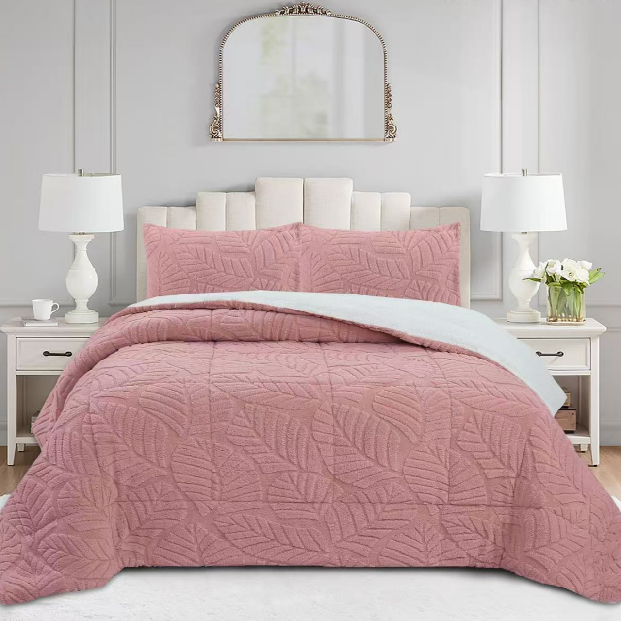 Soft 3 Piece Leaf Pattern Jacquard Plush Comforter Set MEL
