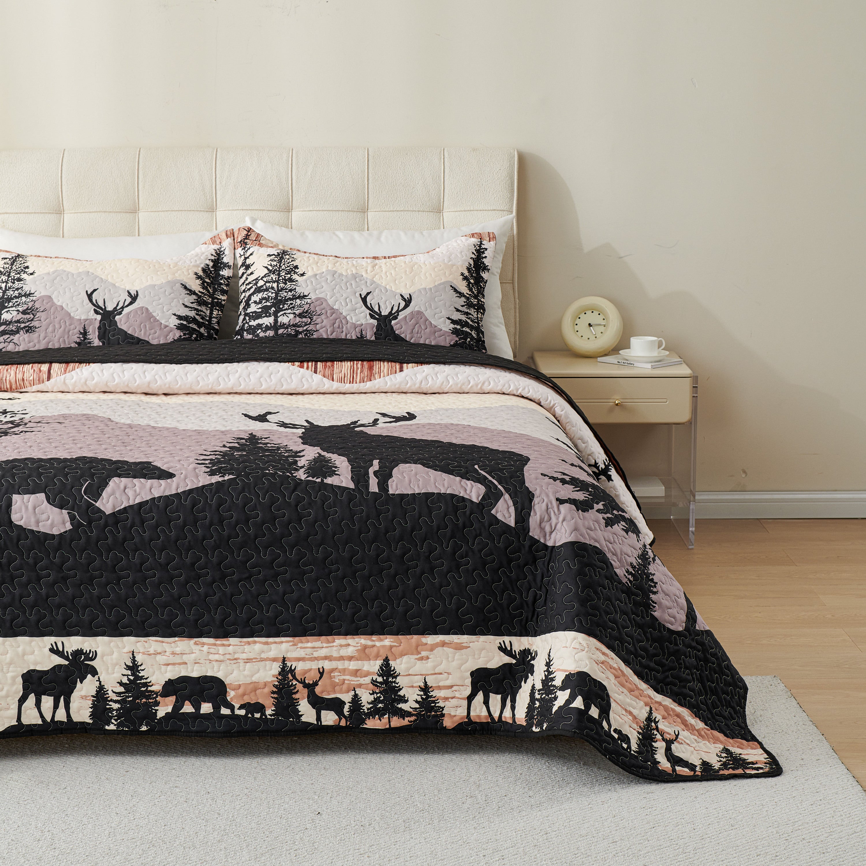 3 Piece Rustic Lodge Quilt Set - Deer Bear Forest Bedspread WX203