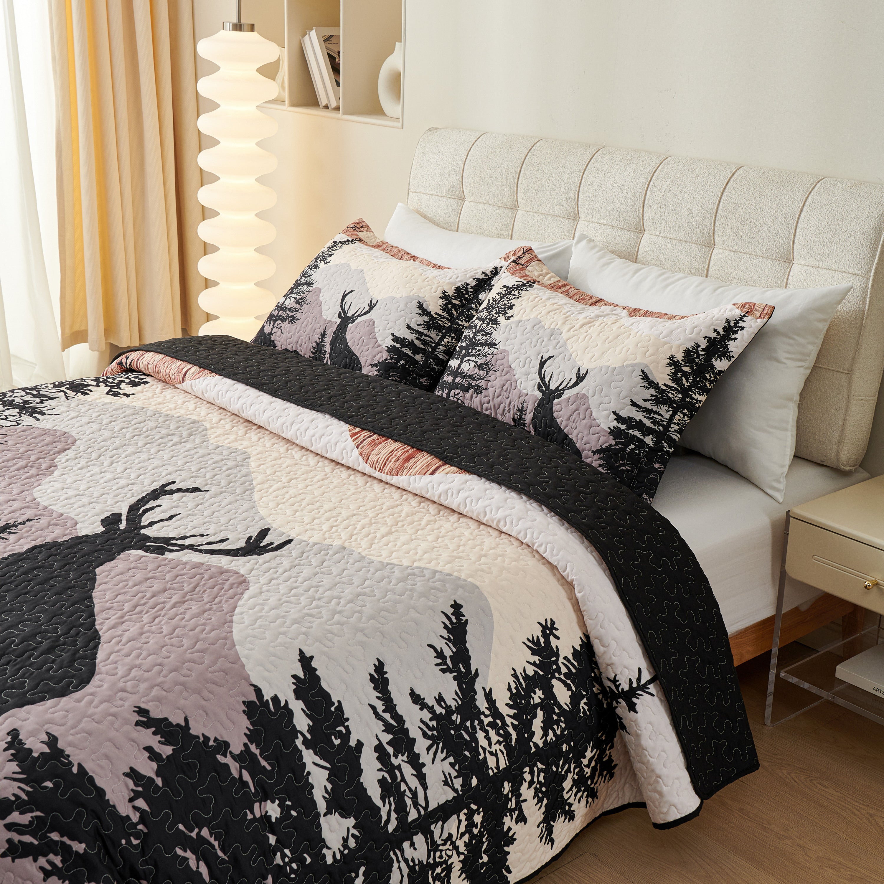 3 Piece Rustic Lodge Quilt Set - Deer Bear Forest Bedspread WX203
