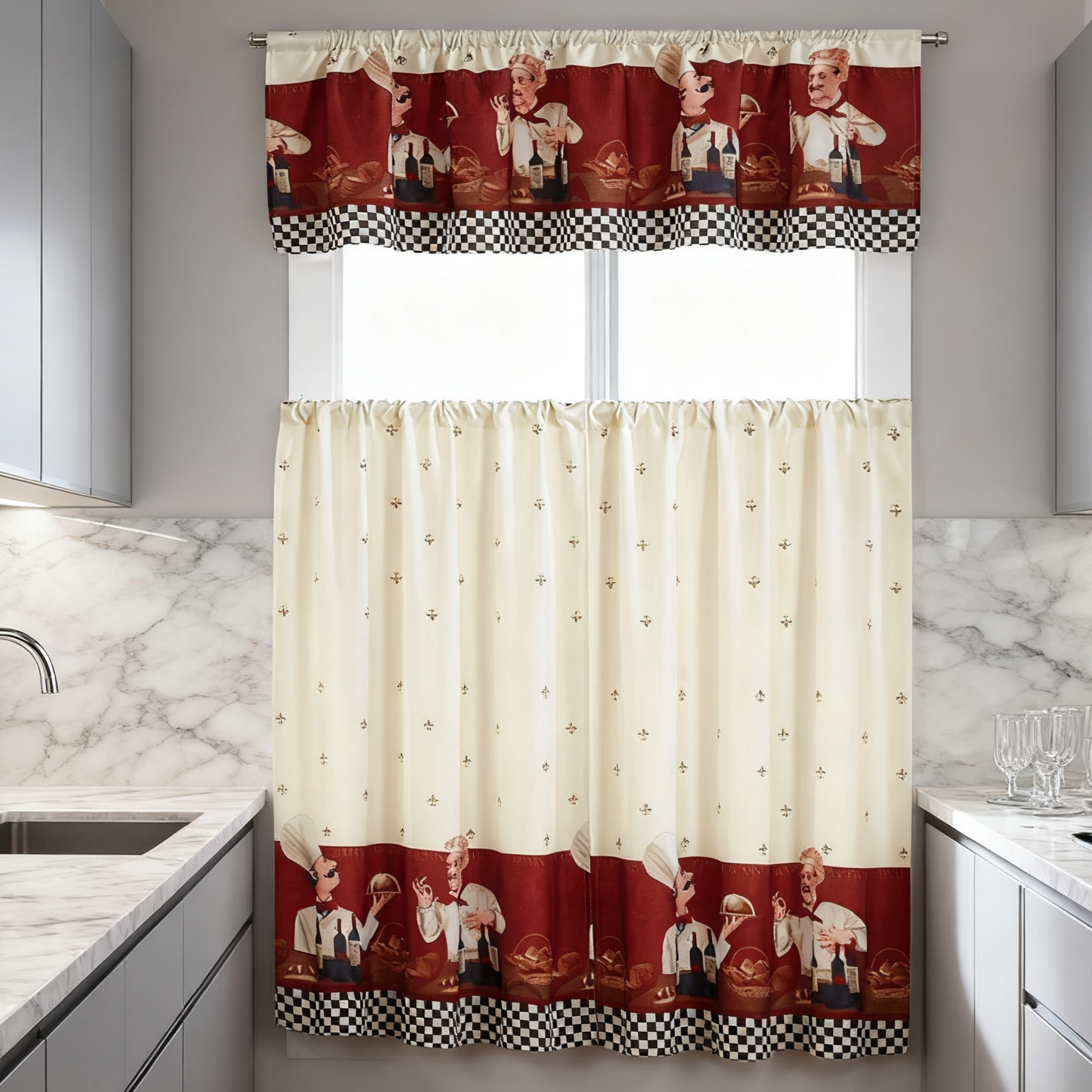 3 Piece Kitchen Cafe Curtain Set With Swag and Tier