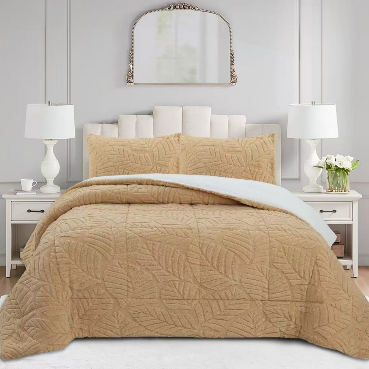 Soft 3 Piece Leaf Pattern Jacquard Plush Comforter Set MEL