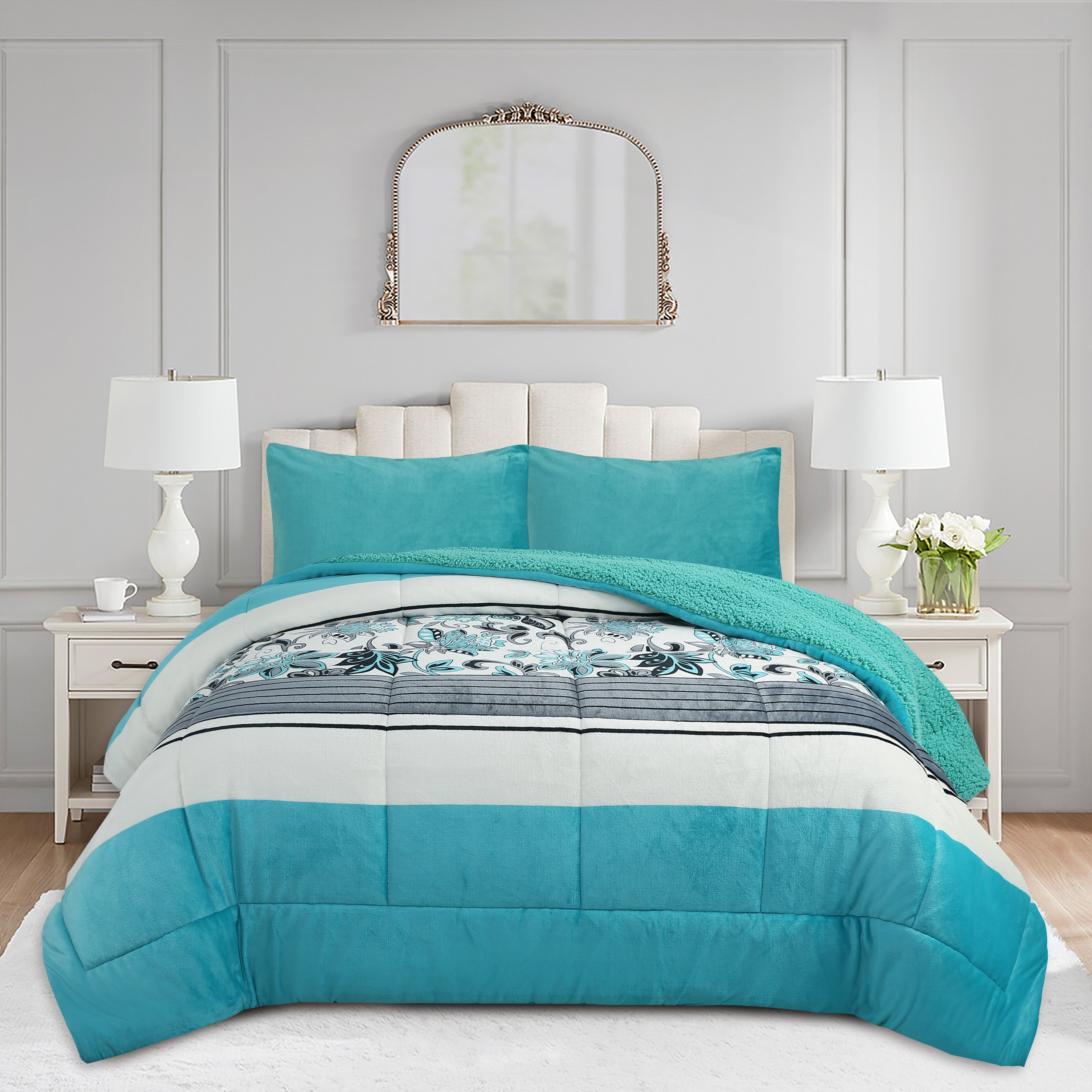 3 Piece Plush Sherpa Comforter Set – Soft Floral Velvet