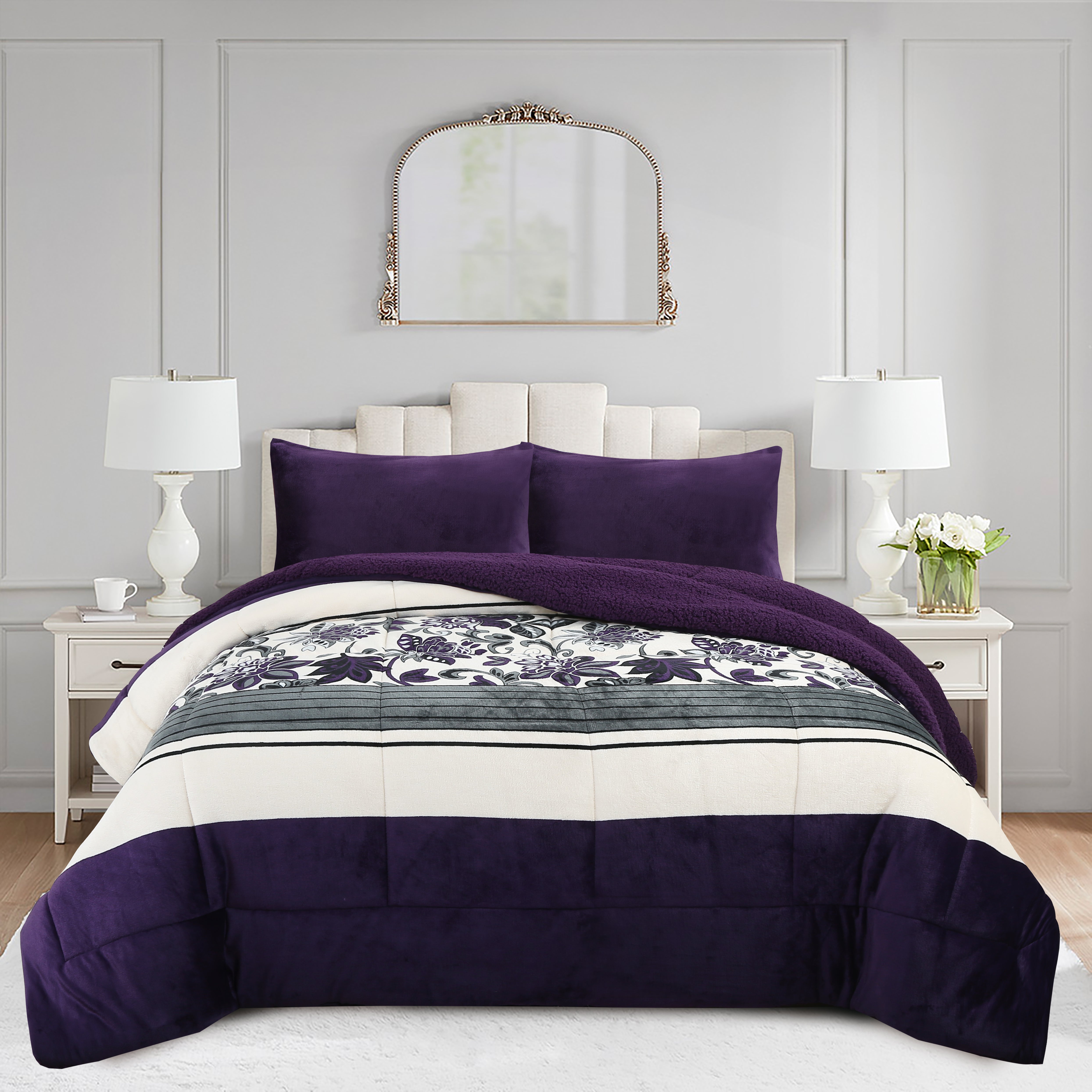 3 Piece Plush Sherpa Comforter Set – Soft Floral Velvet