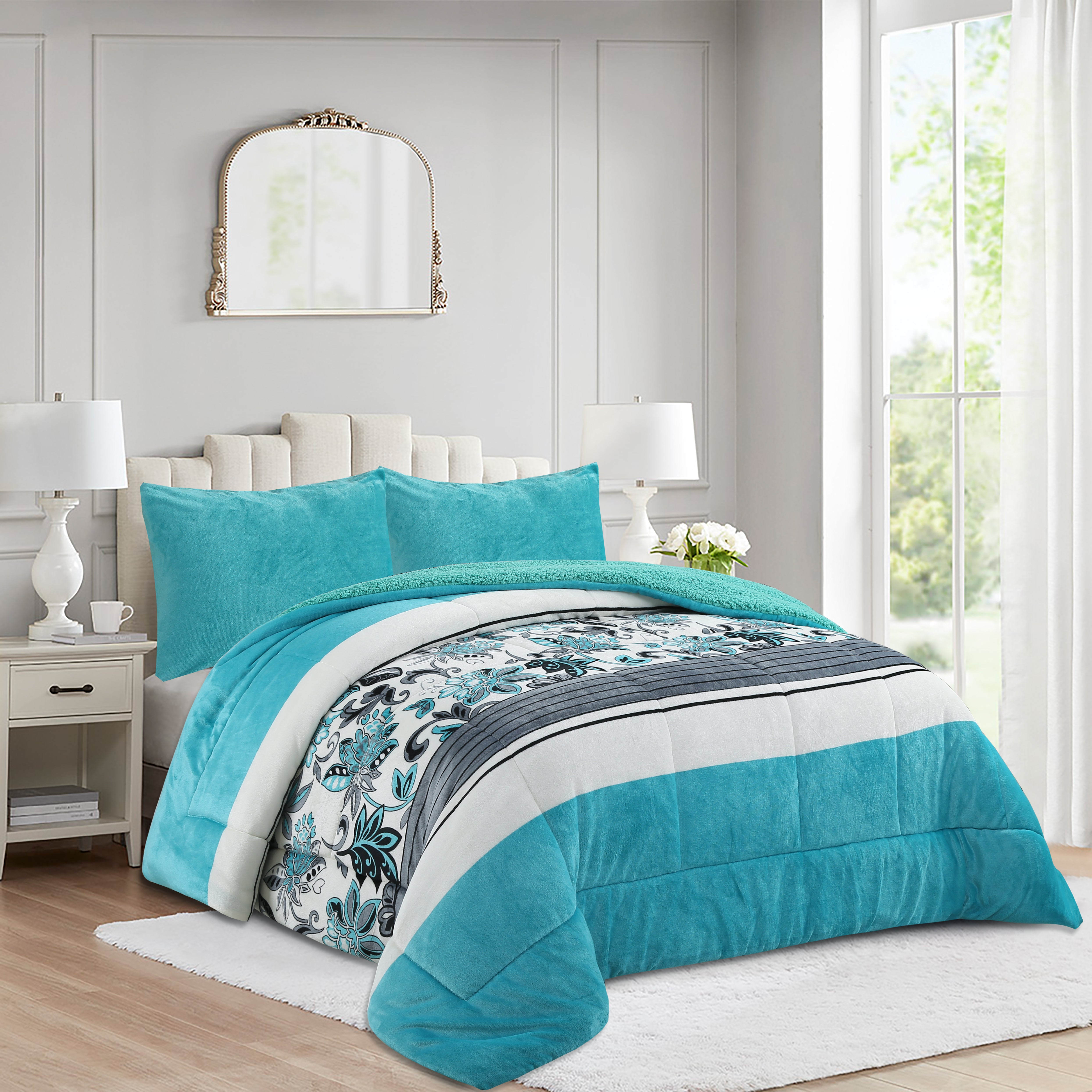 3 Piece Plush Sherpa Comforter Set – Soft Floral Velvet