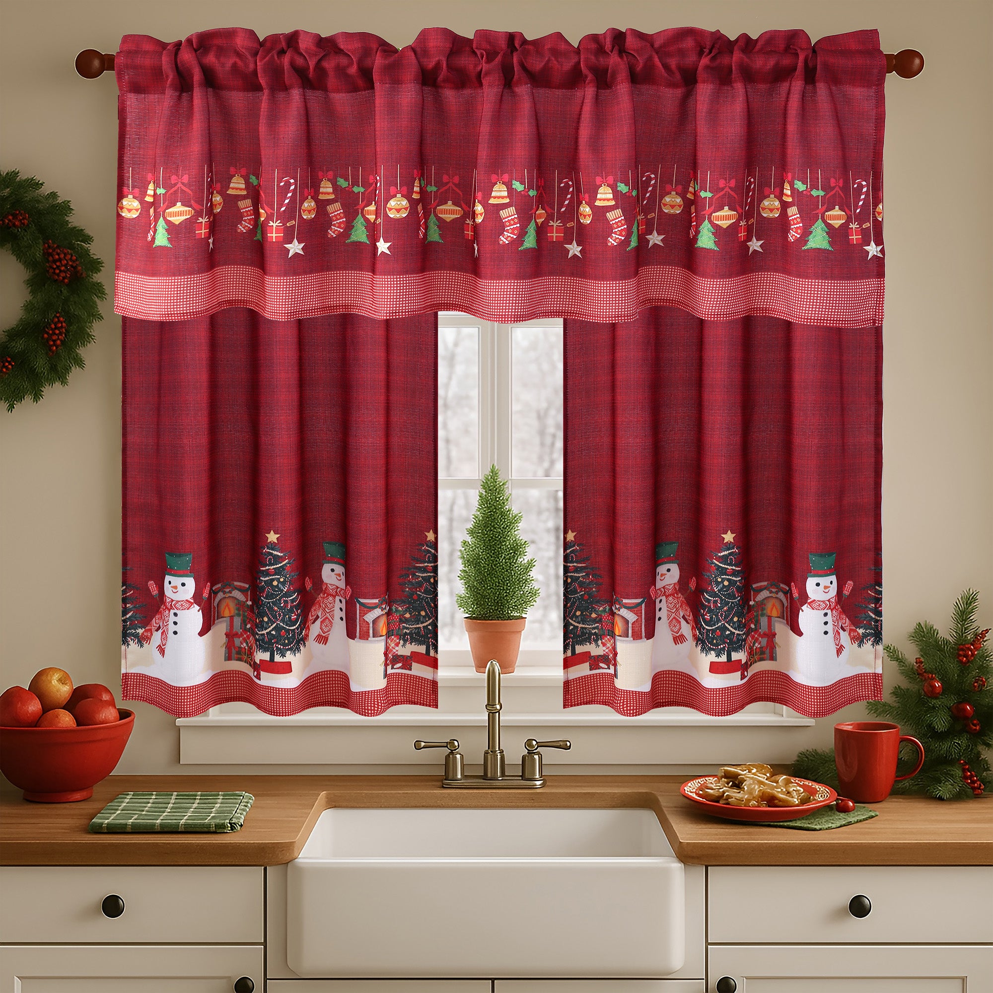Christmas Kitchen Curtains 3 Piece Set – Holiday Window Valance and Tiers, Snowman & Festive Design, 100% Polyester