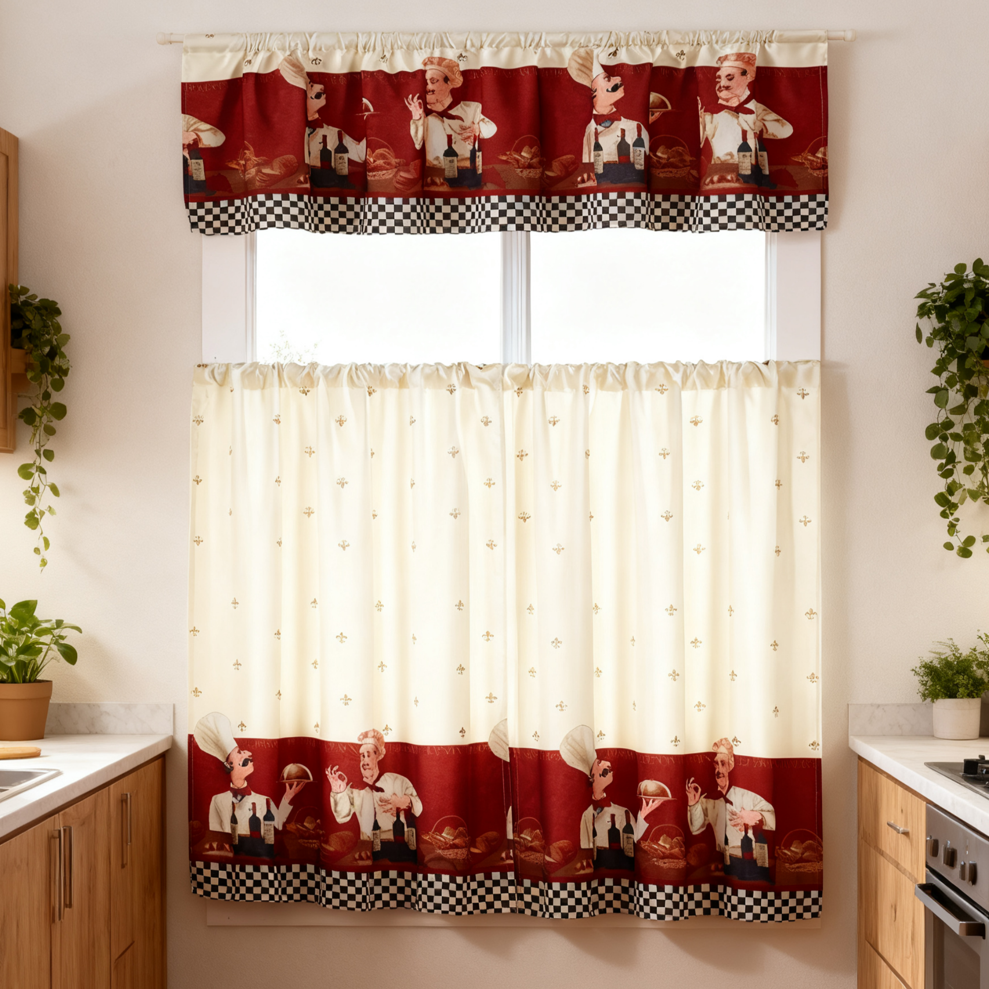 3 Piece Kitchen Cafe Curtain Set With Swag and Tier