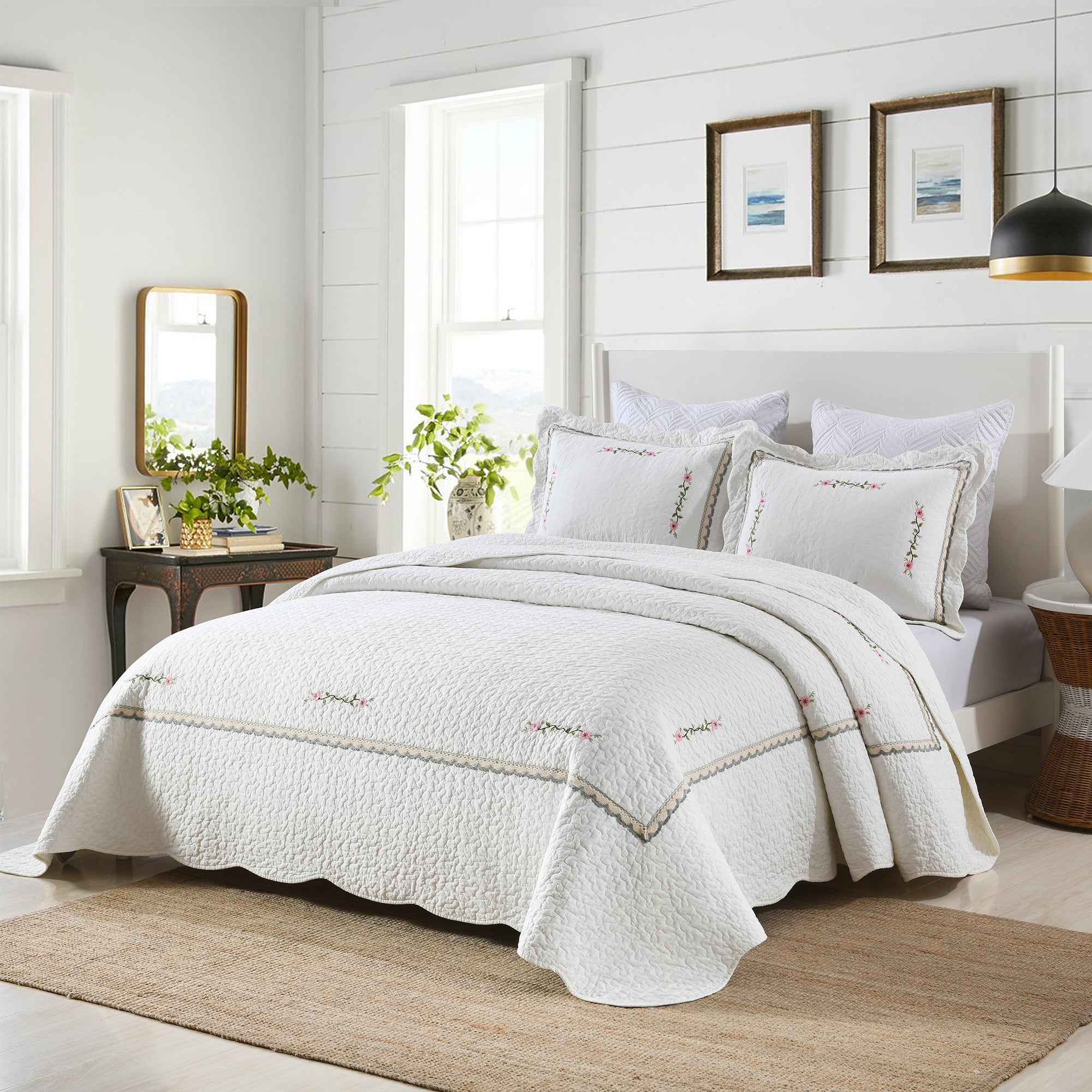 3-Piece 100% White Cotton Oversized Bedspread Set Coverlet Set Lightweight Quilt Set Sakura