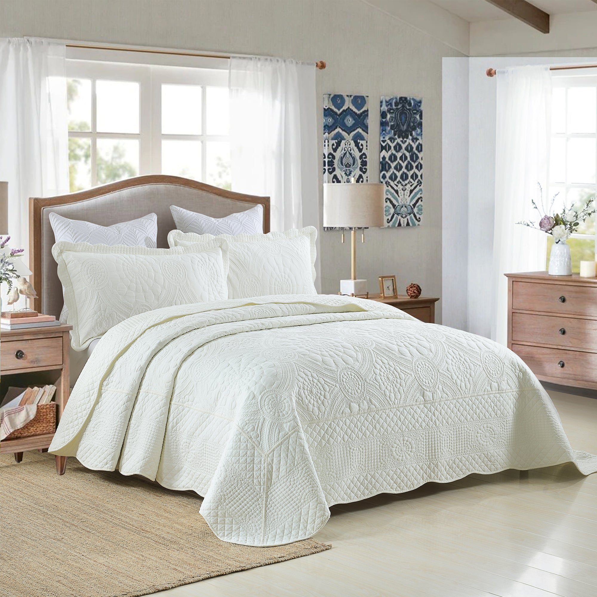 3-Piece 100% Cotton Oversized Bedspread Set Coverlet Set Lightweight Quilt Set Embroidery Farmhouse Bedding Set TF