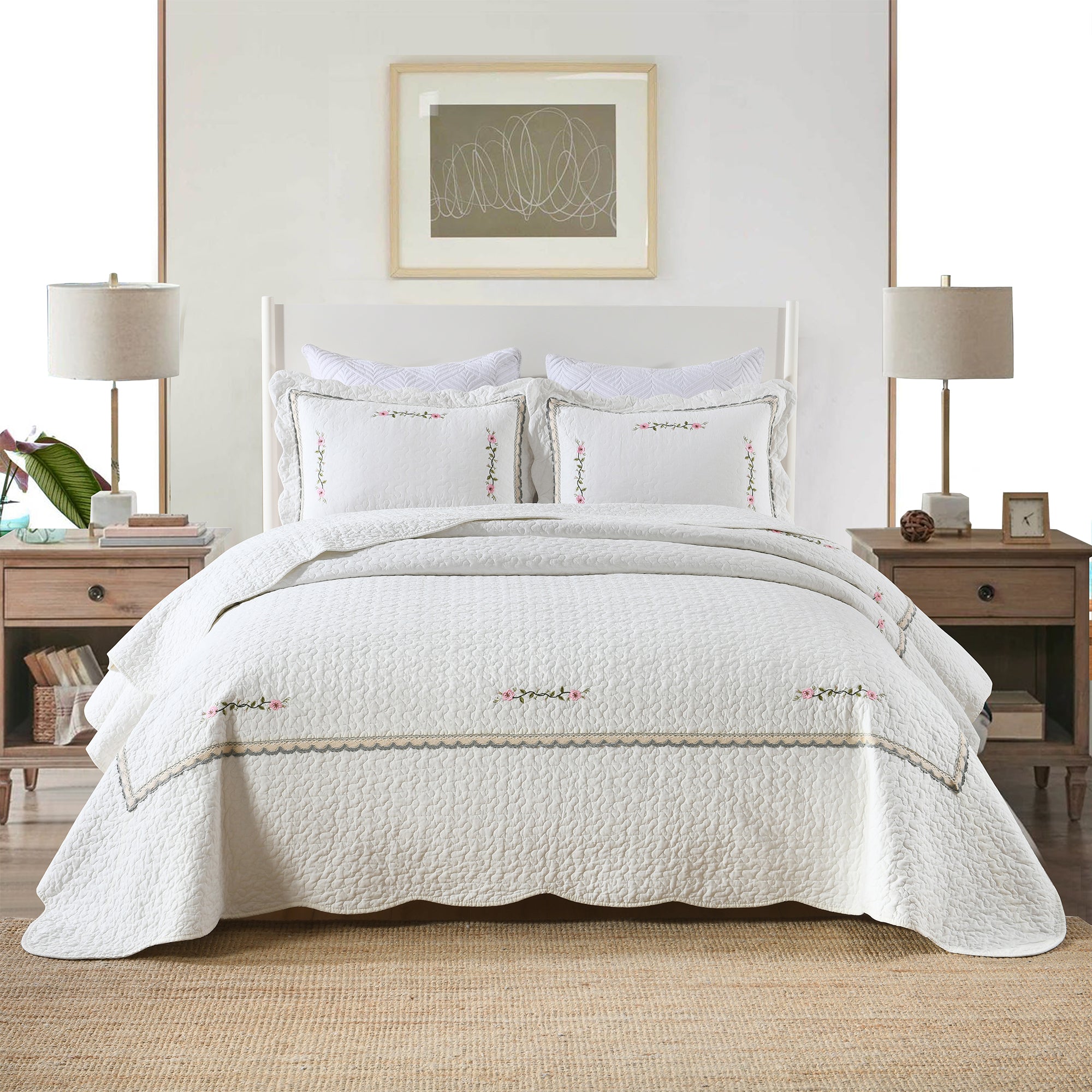 3-Piece 100% White Cotton Oversized Bedspread Set Coverlet Set Lightweight Quilt Set Sakura