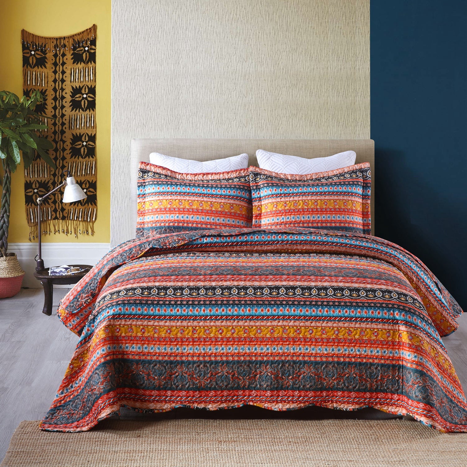 3 Piece Boho Quilt Set, Tribal Striped Bedspread Lightweight BY012