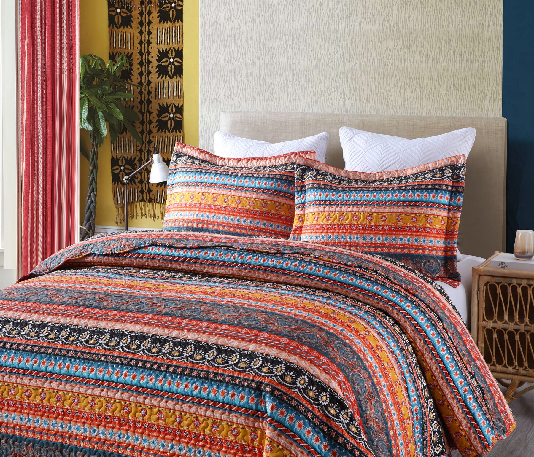 3 Piece Boho Quilt Set, Tribal Striped Bedspread Lightweight BY012