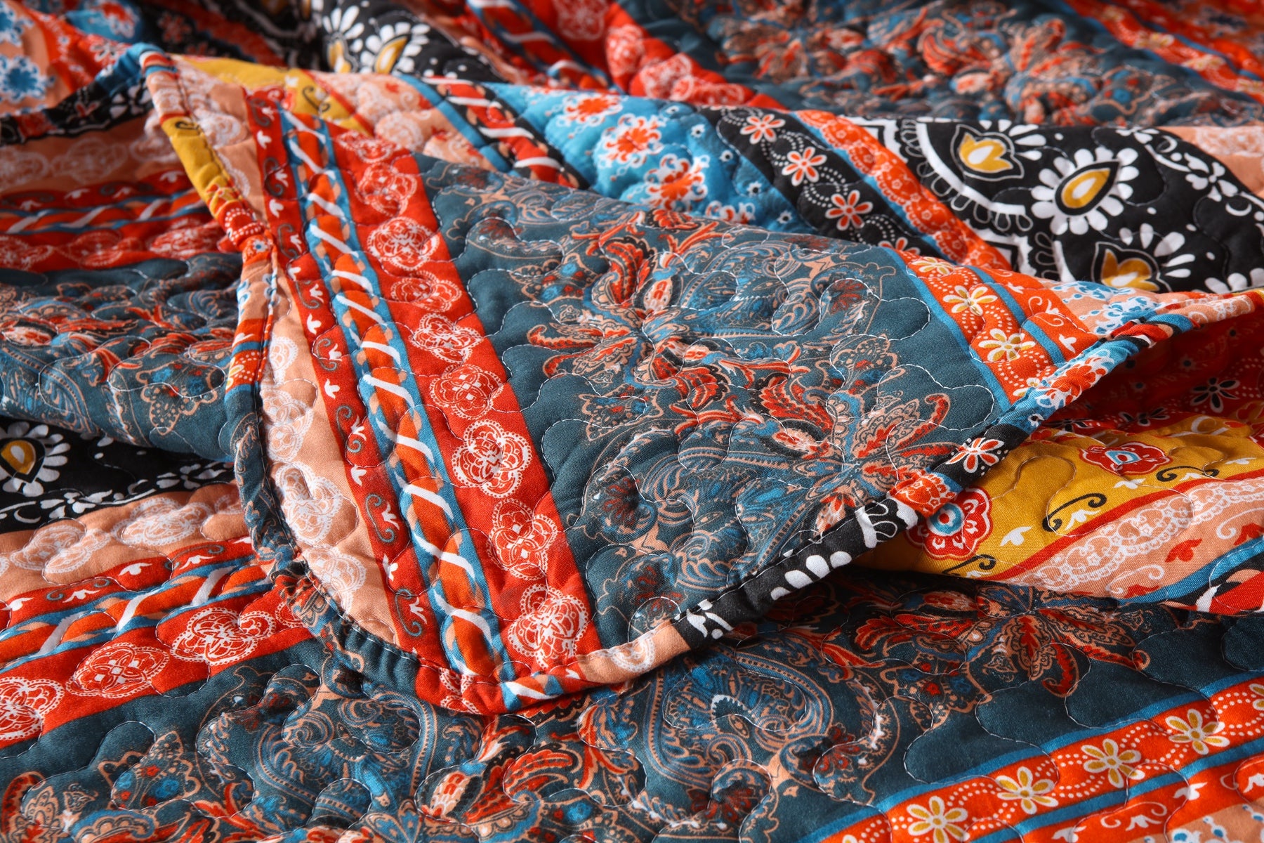 3 Piece Boho Quilt Set, Tribal Striped Bedspread Lightweight BY012