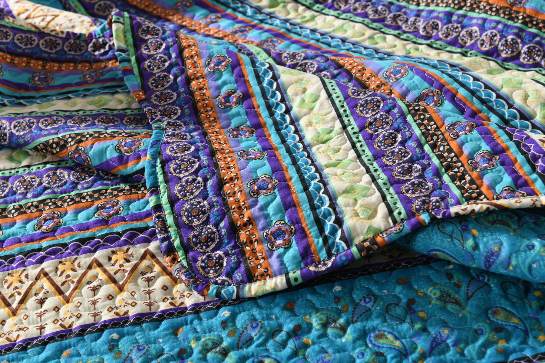 3 Piece Boho Quilt Set, Tribal Striped Bedspread Lightweight BY011