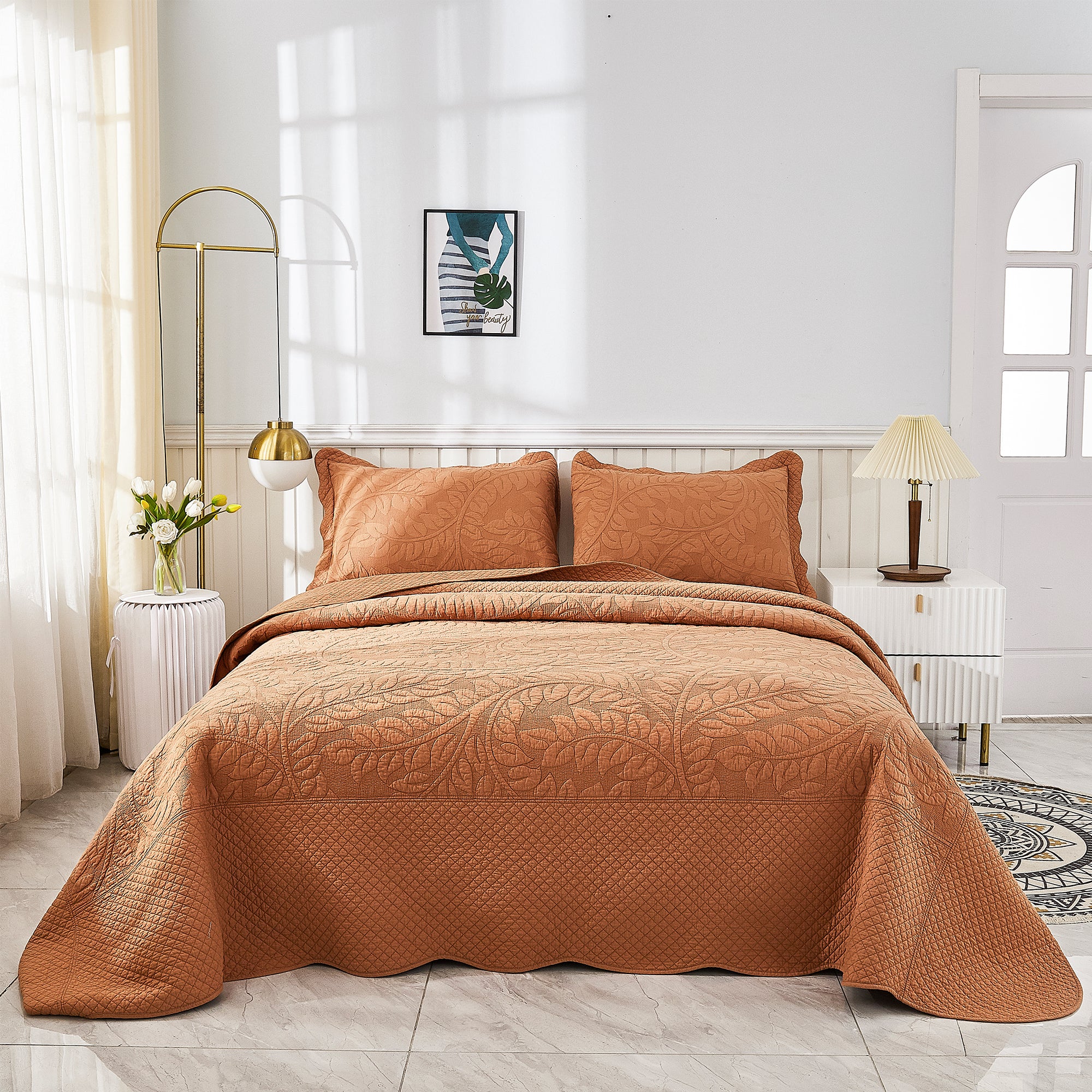 3 Piece 100% Cotton Quilt Set, Oversized Quilted Bedspread T