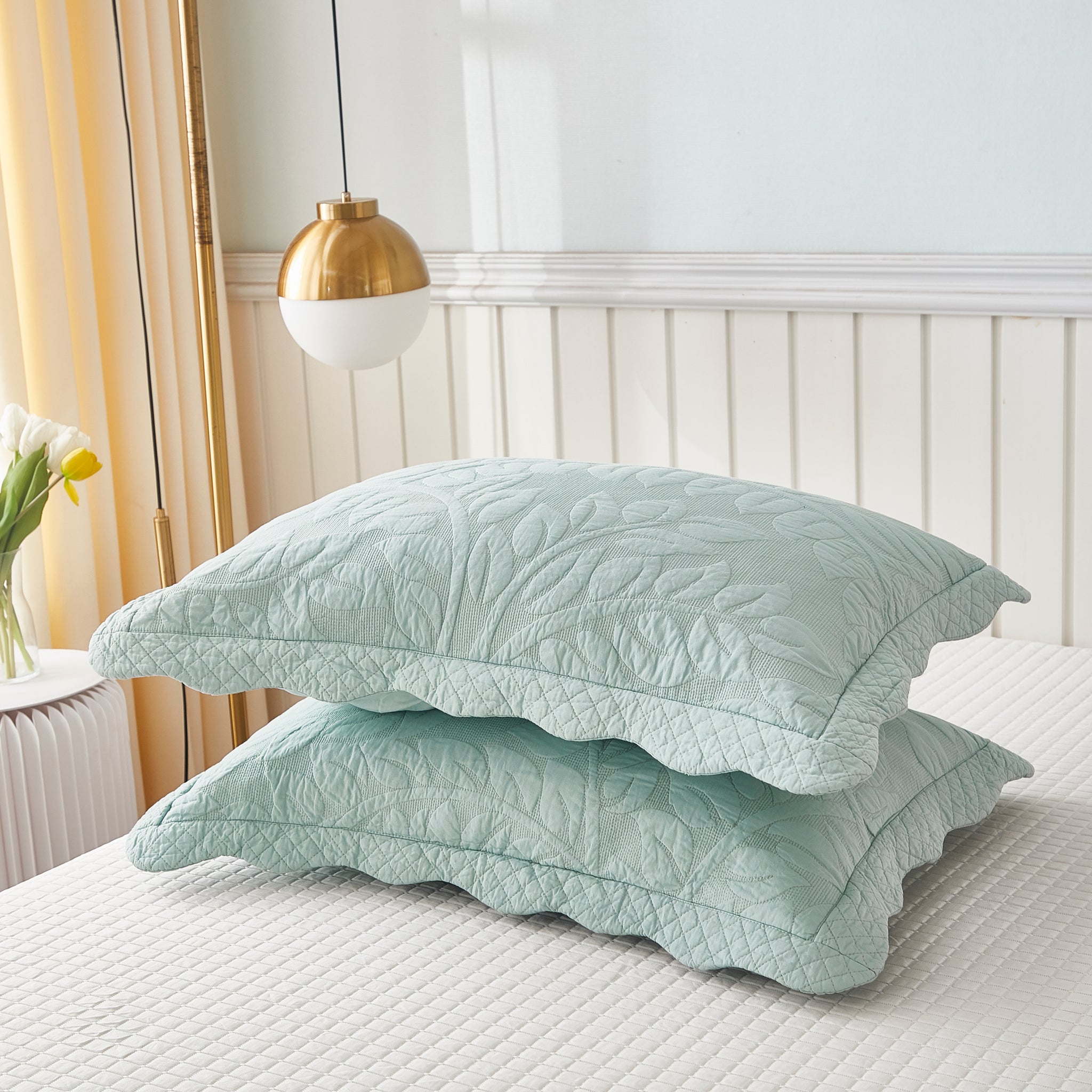 2-Piece 100% Cotton Quilted Pillow Shams Embroidered Farmhouse Pillow Shams