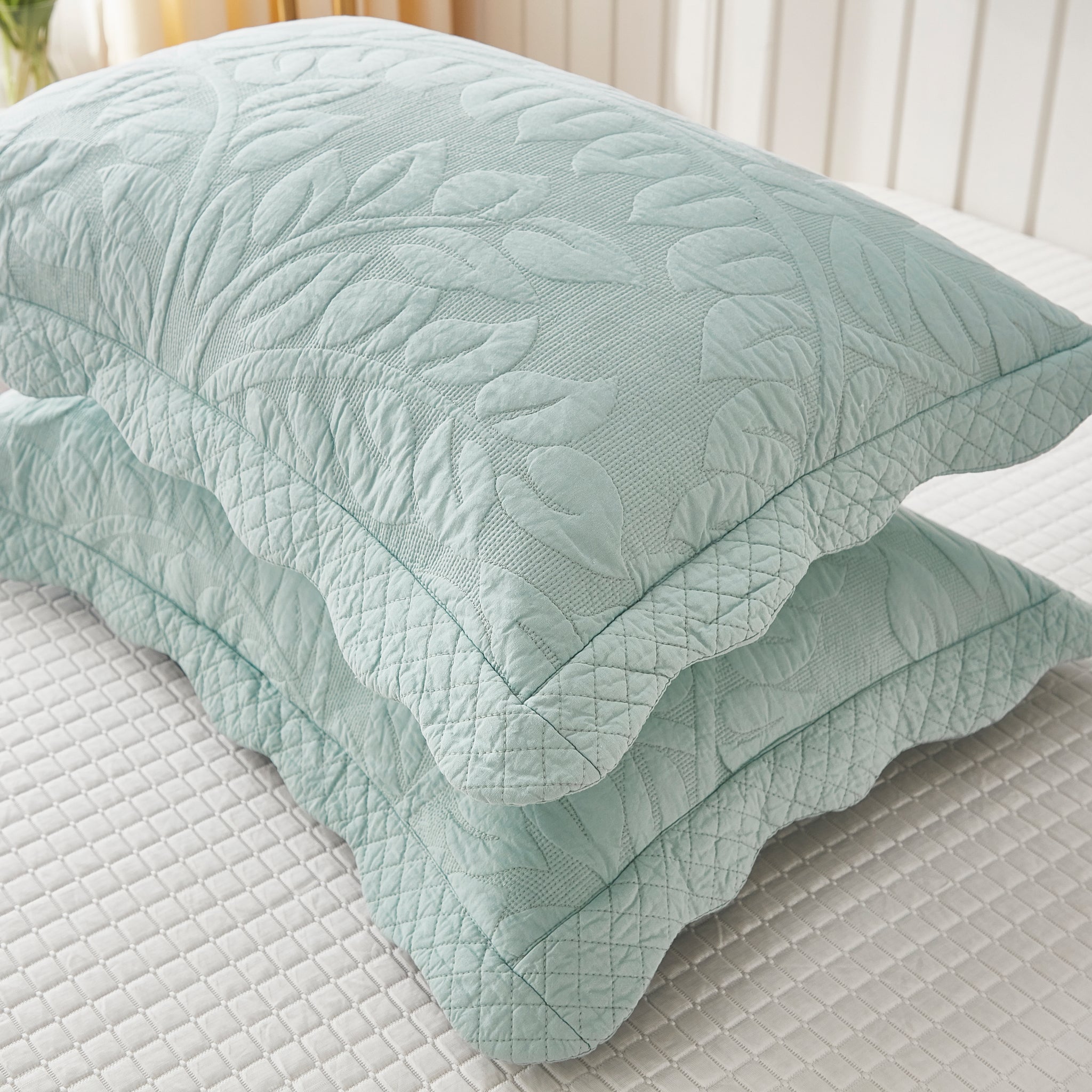 2-Piece 100% Cotton Quilted Pillow Shams Embroidered Farmhouse Pillow Shams