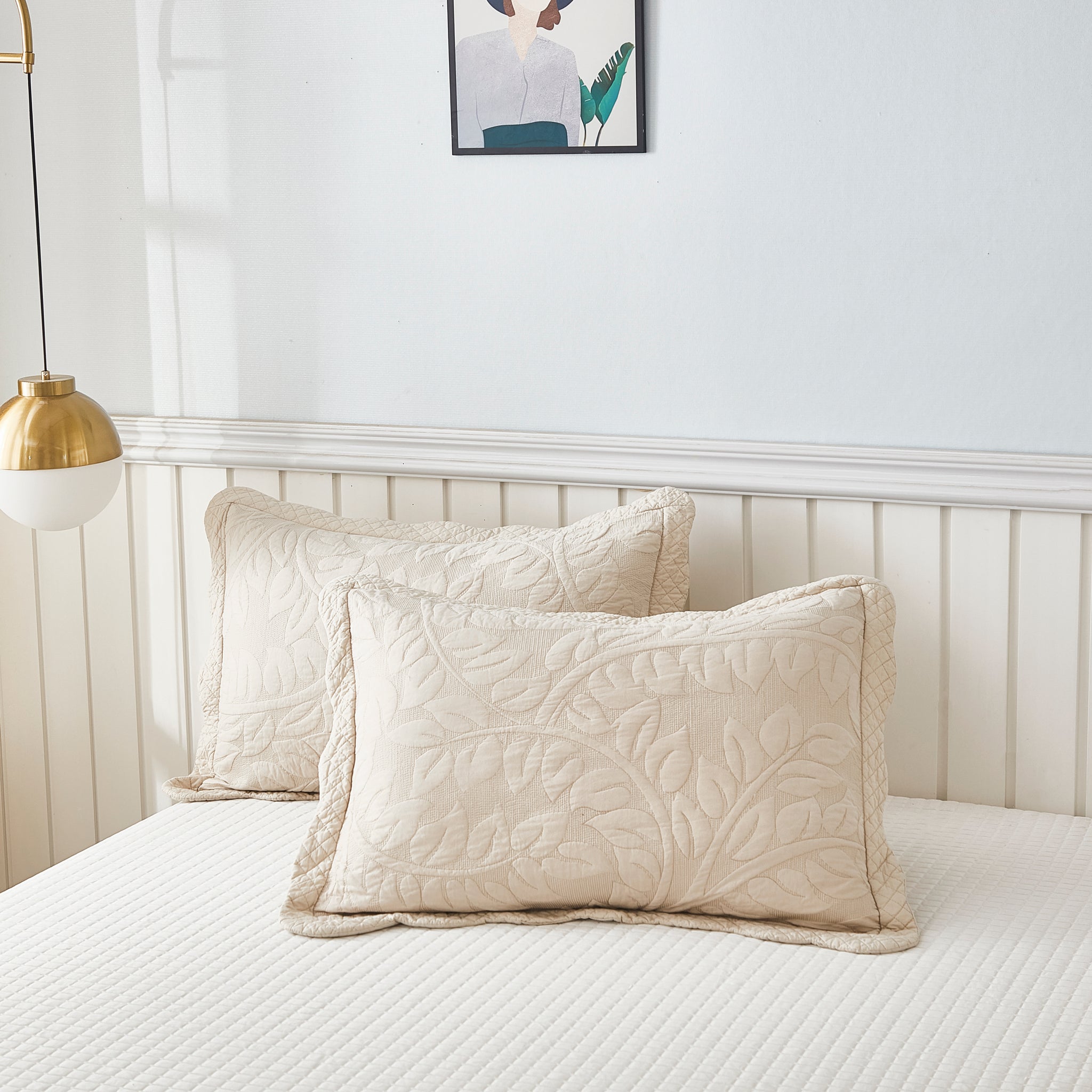 2-Piece 100% Cotton Quilted Pillow Shams Embroidered Farmhouse Pillow Shams