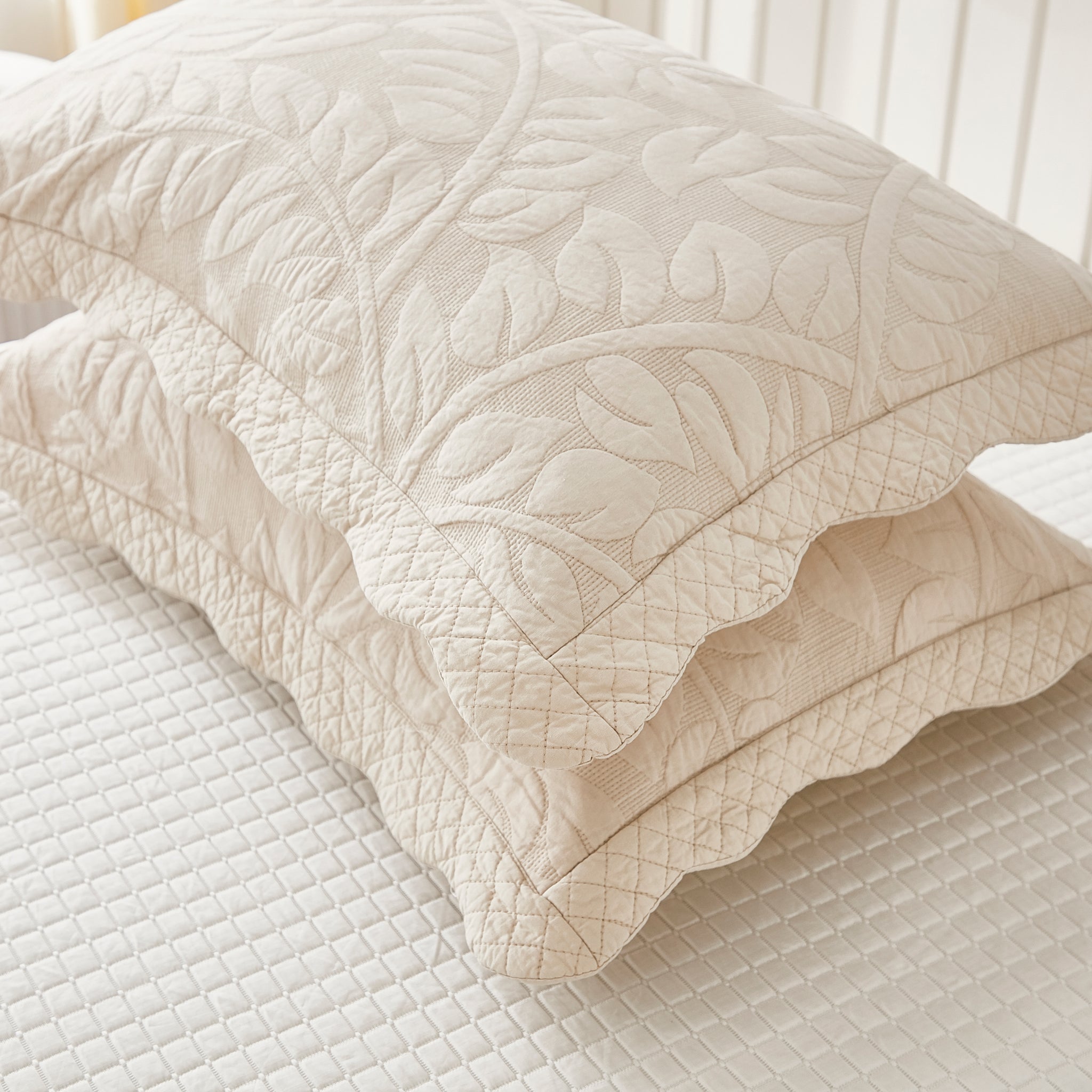 2-Piece 100% Cotton Quilted Pillow Shams Embroidered Farmhouse Pillow Shams
