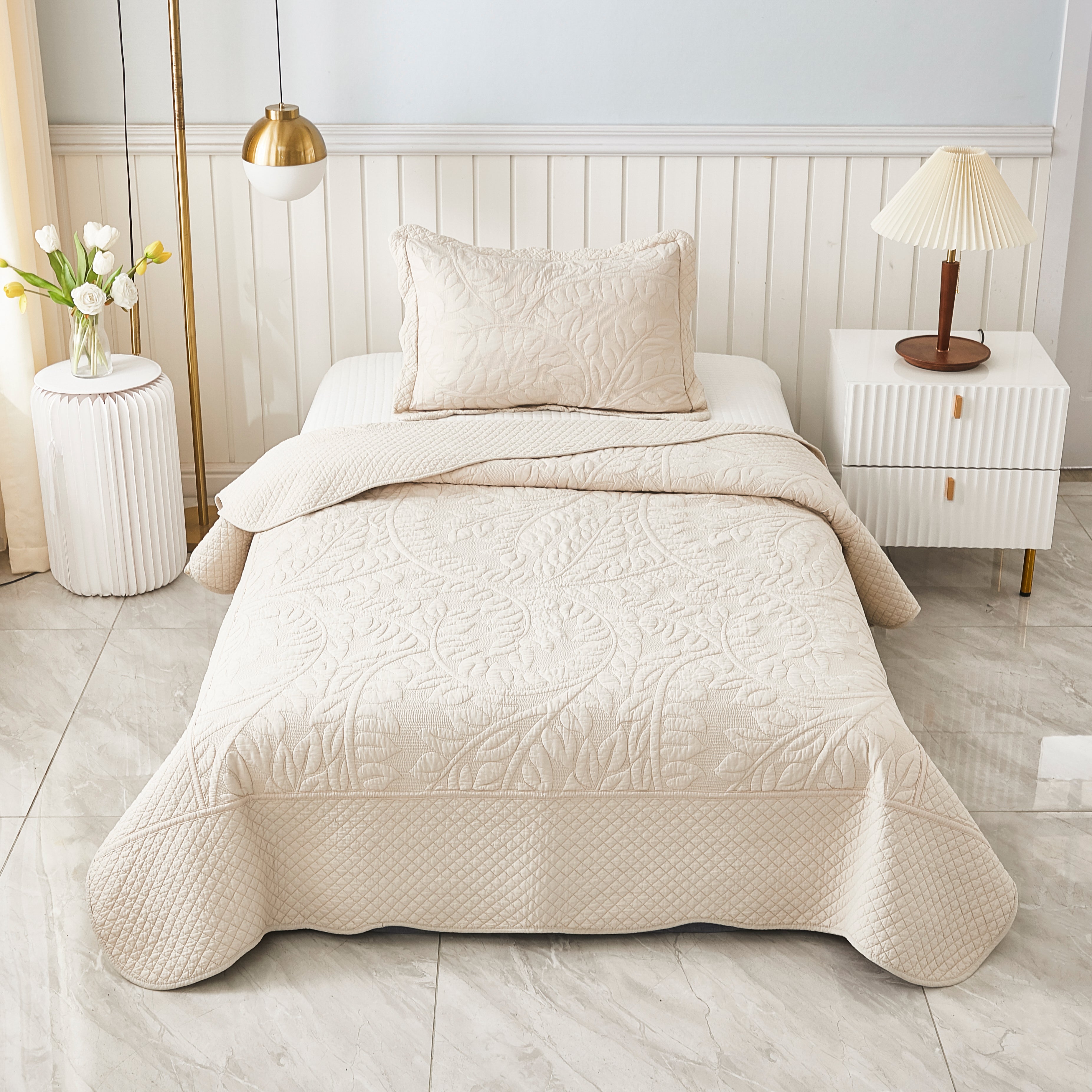 3 Piece 100% Cotton Quilt Set, Oversized Quilted Bedspread T