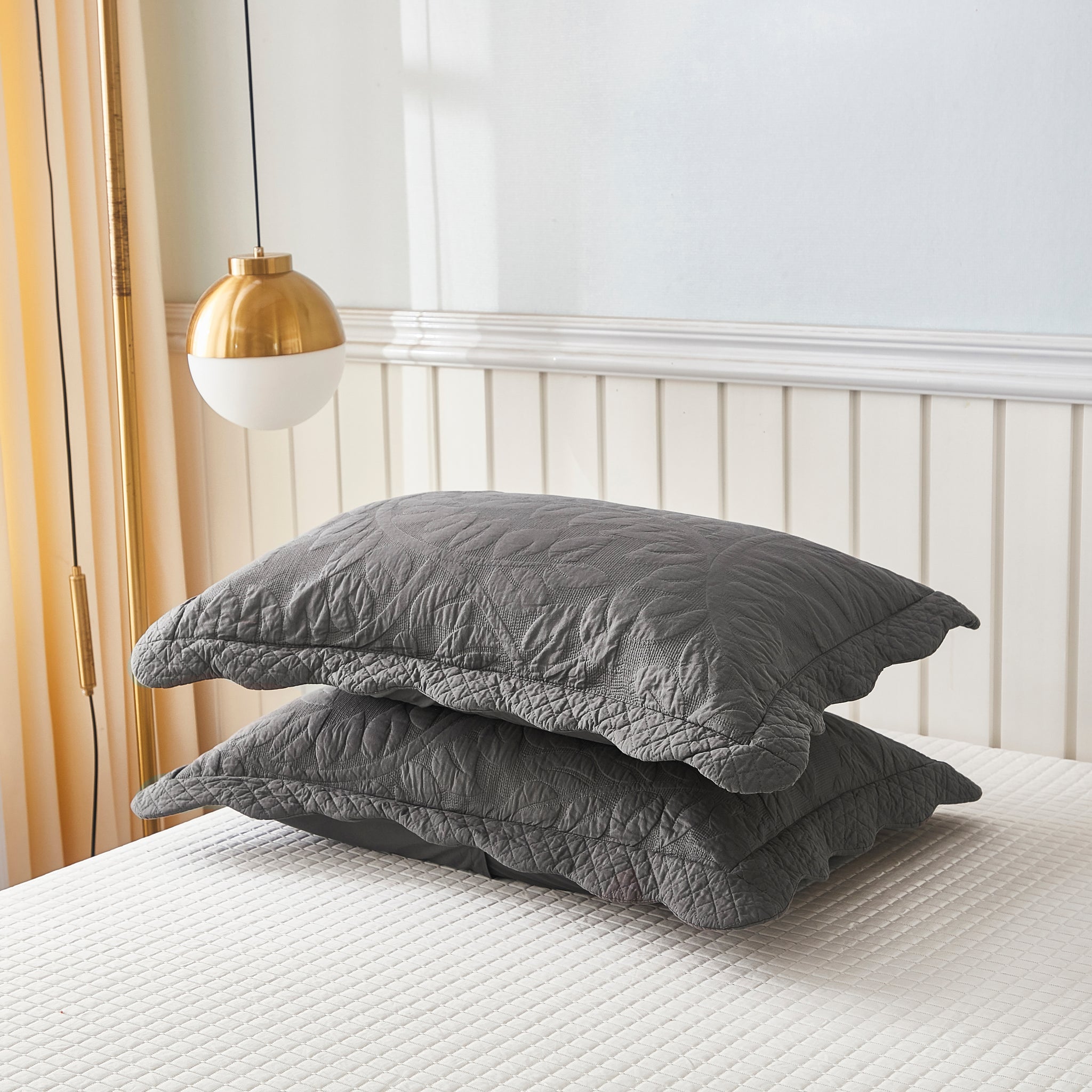 2-Piece 100% Cotton Quilted Pillow Shams Embroidered Farmhouse Pillow Shams