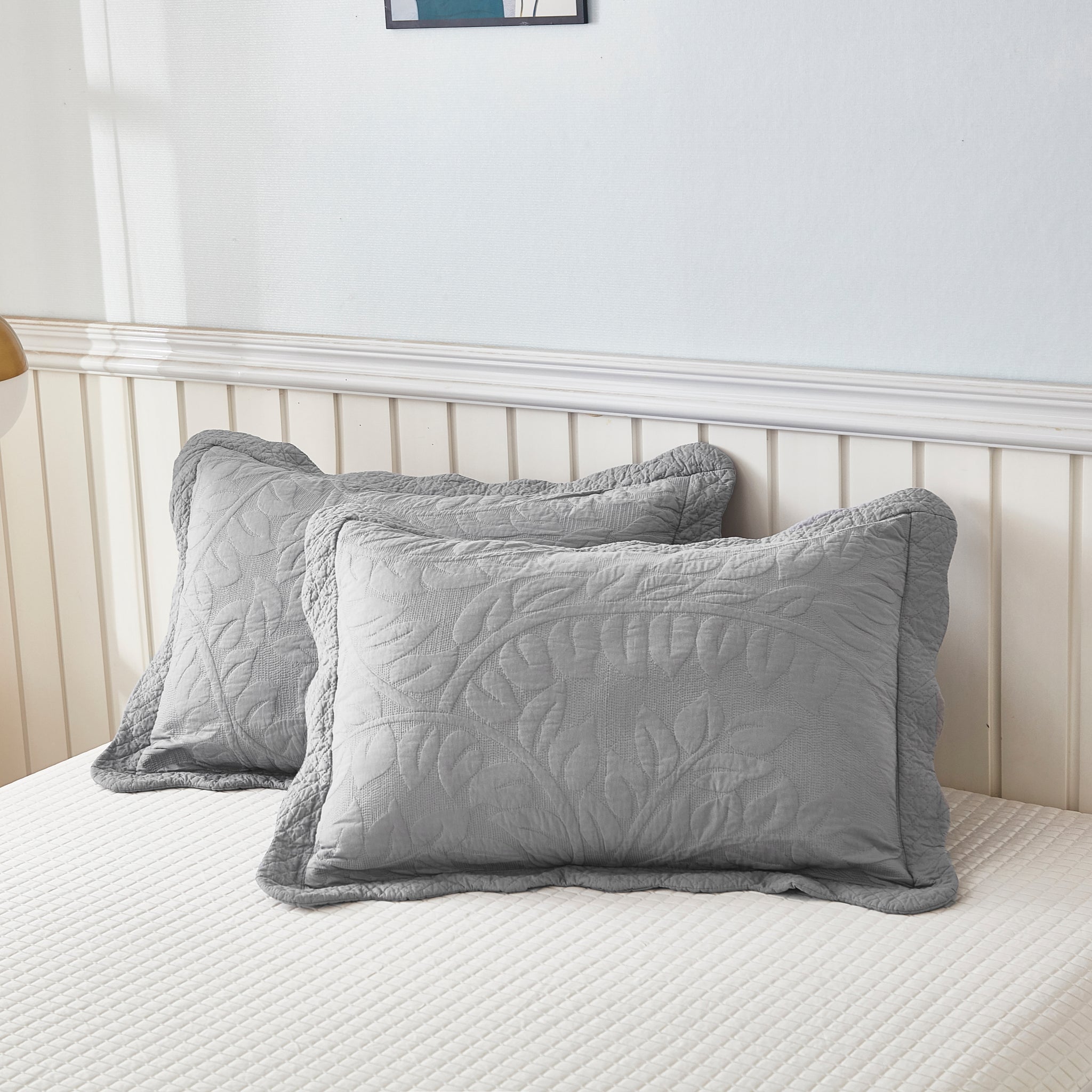 2-Piece 100% Cotton Quilted Pillow Shams Embroidered Farmhouse Pillow Shams