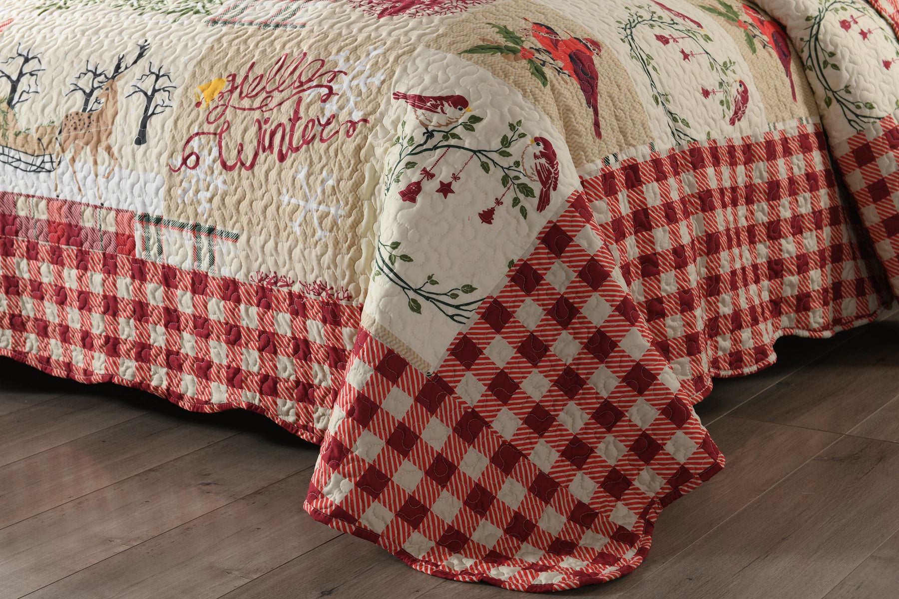 3 Piece Christmas Quilt Set, Rustic Lodge Deer Plaid Bedspread Lightweight BY010