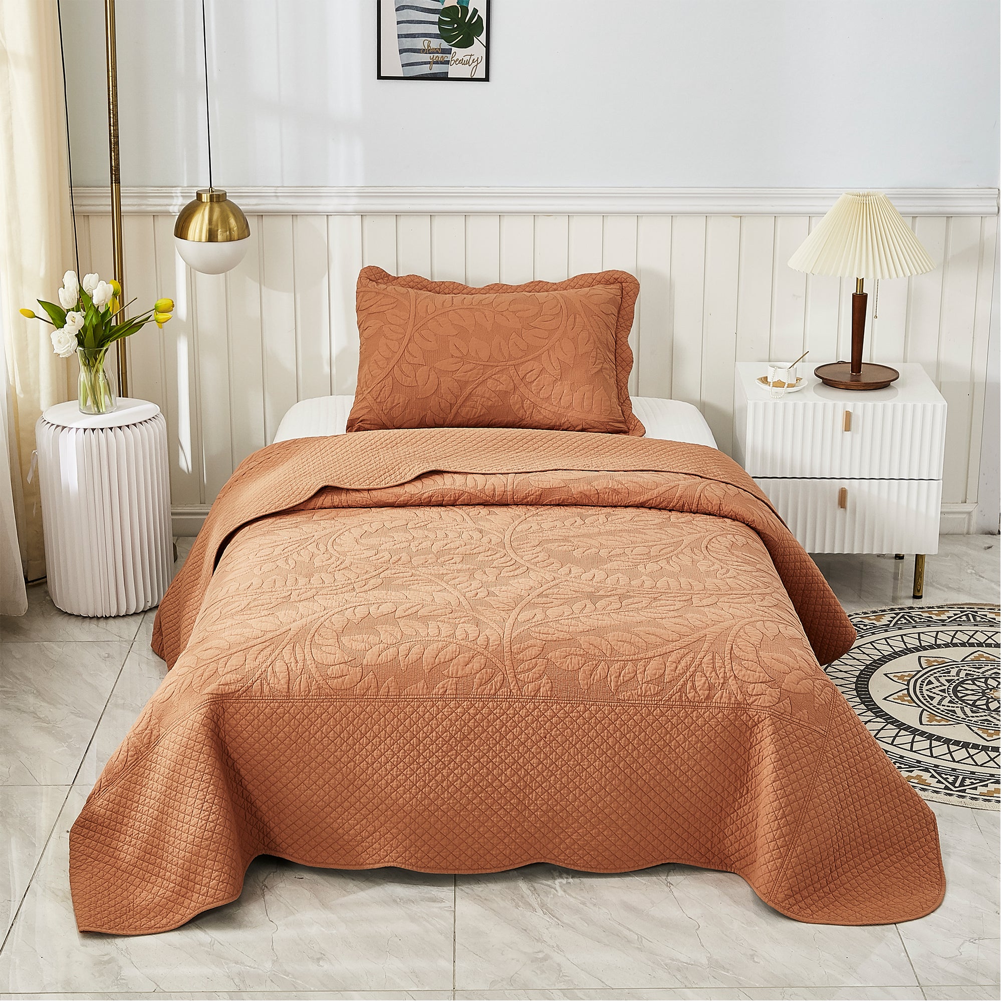 3 Piece 100% Cotton Quilt Set, Oversized Quilted Bedspread T