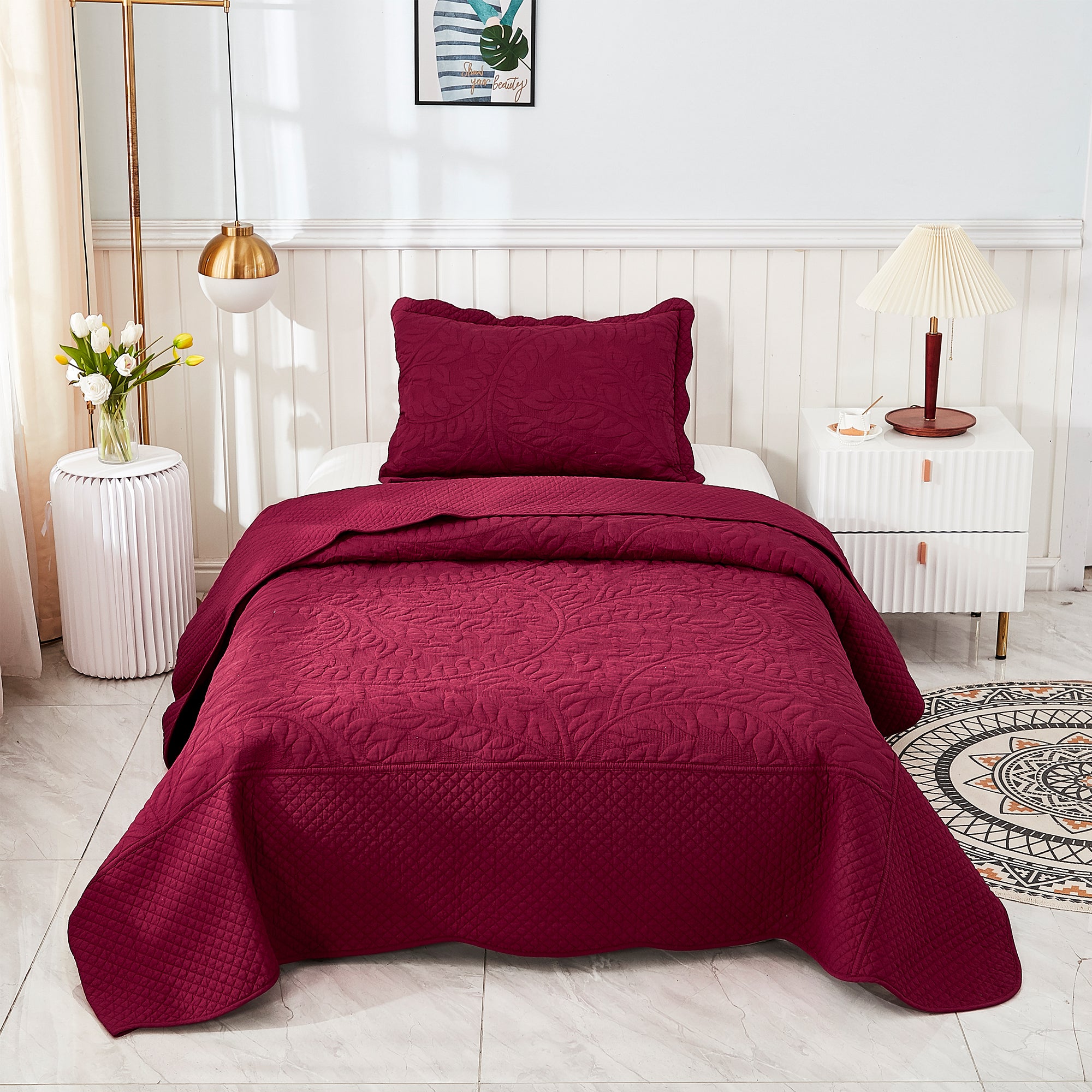 3 Piece 100% Cotton Quilt Set, Oversized Quilted Bedspread T