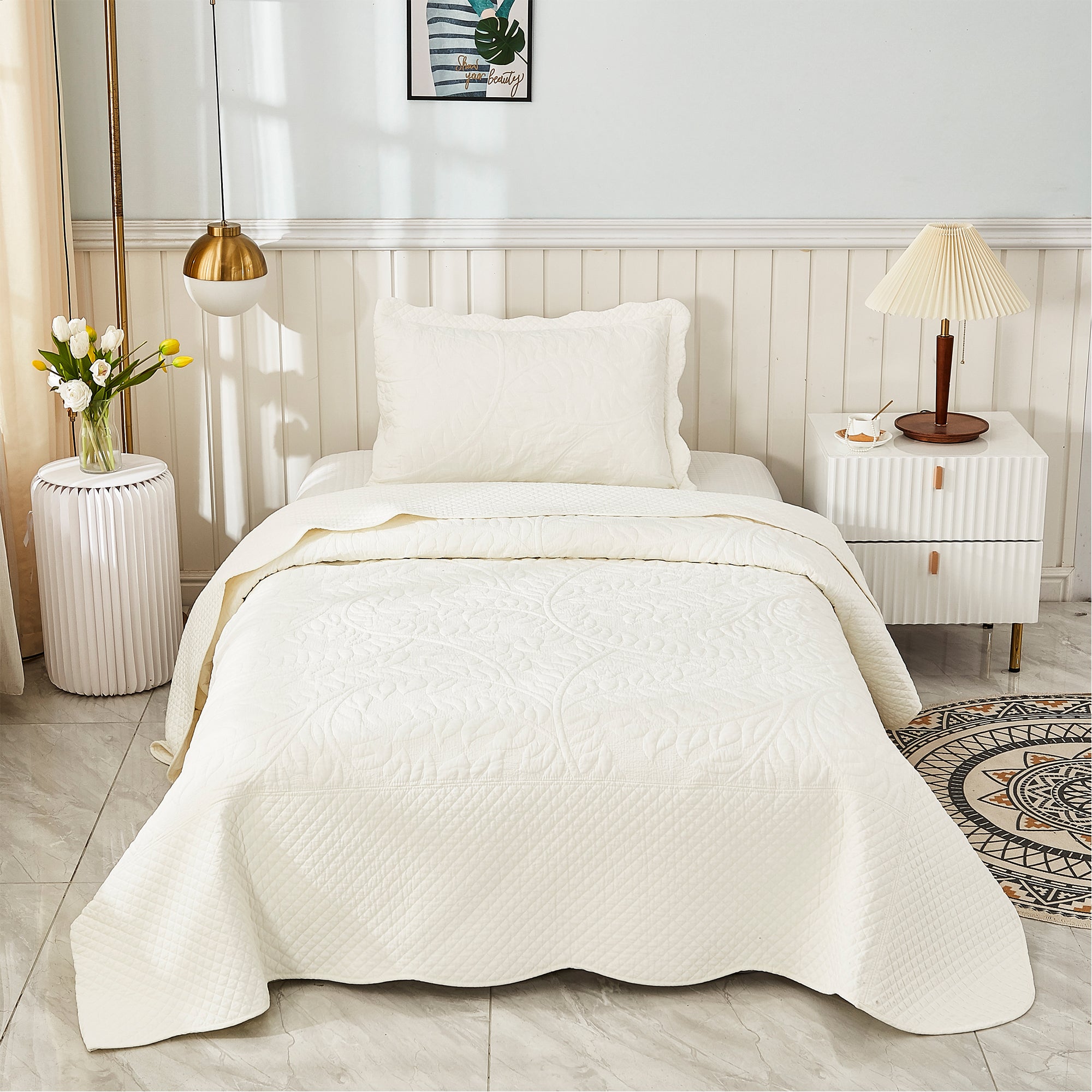 3 Piece 100% Cotton Quilt Set, Oversized Quilted Bedspread T