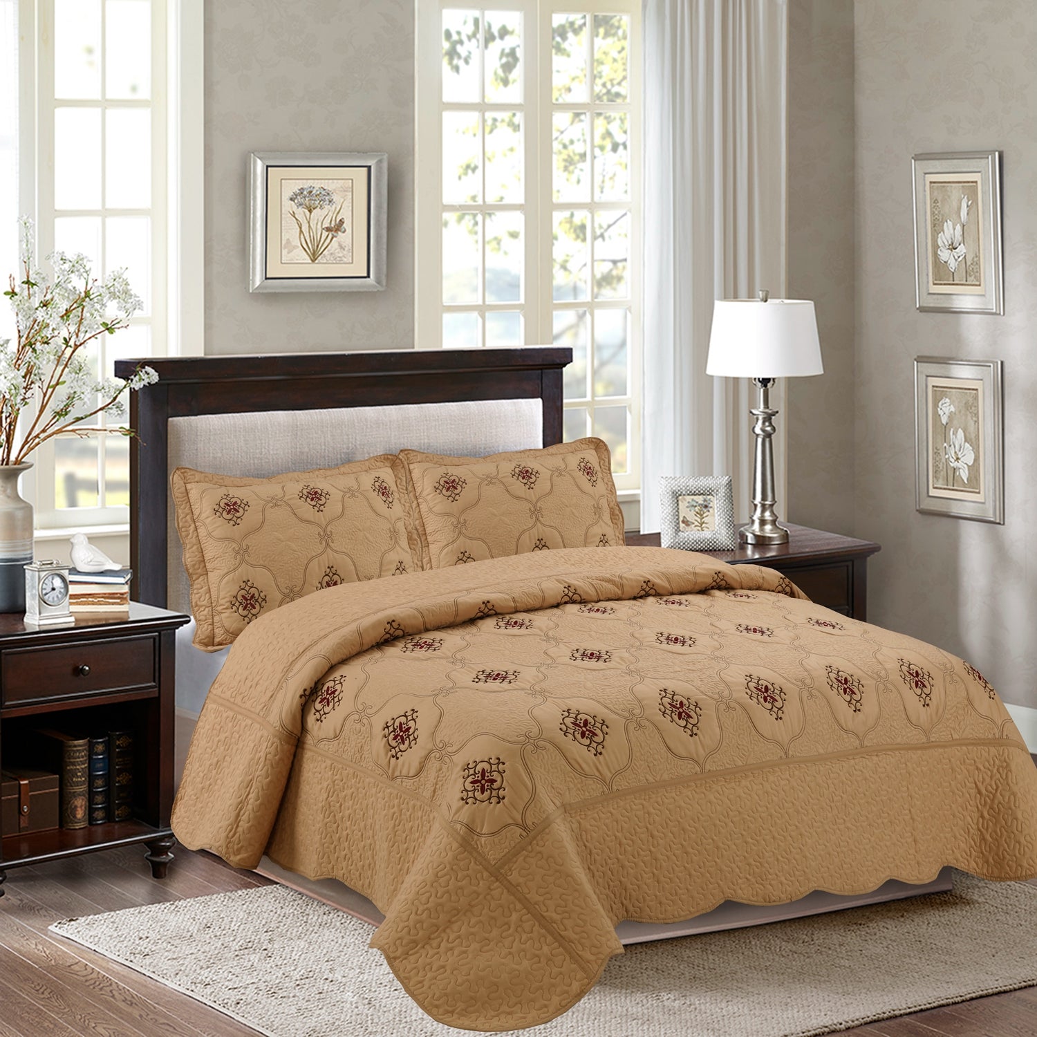 3 Piece Luxury Embroidered Quilt Set Oversized Bedspread