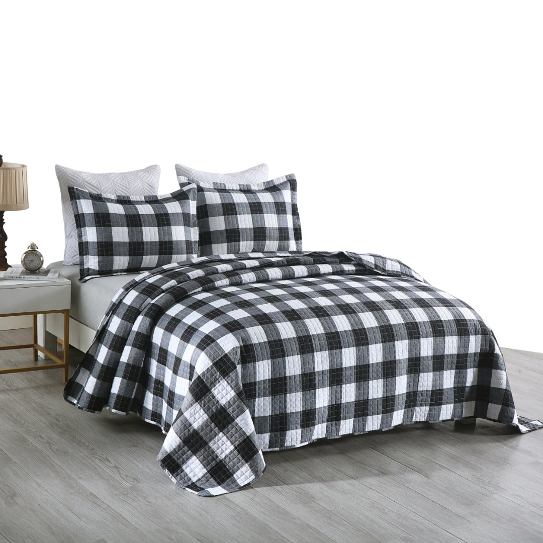3 Pcs Buffalo Plaid Check Quilt Bedspread Set Gingham Bedding Set B020