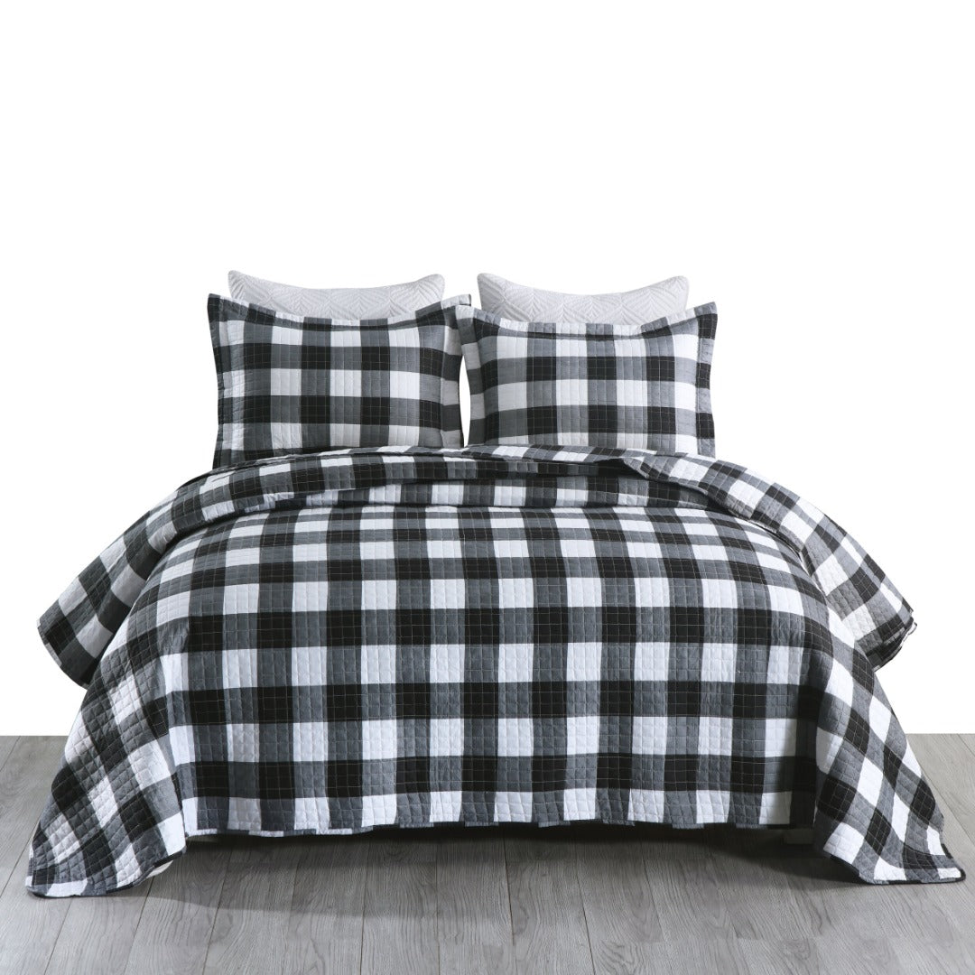 3 Pcs Buffalo Plaid Check Quilt Bedspread Set Gingham Bedding Set B020